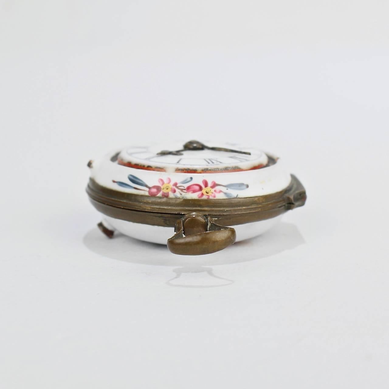 Copper Antique English Battersea Bilston Enamel Pocket Watch Form Snuff or Patch Box
