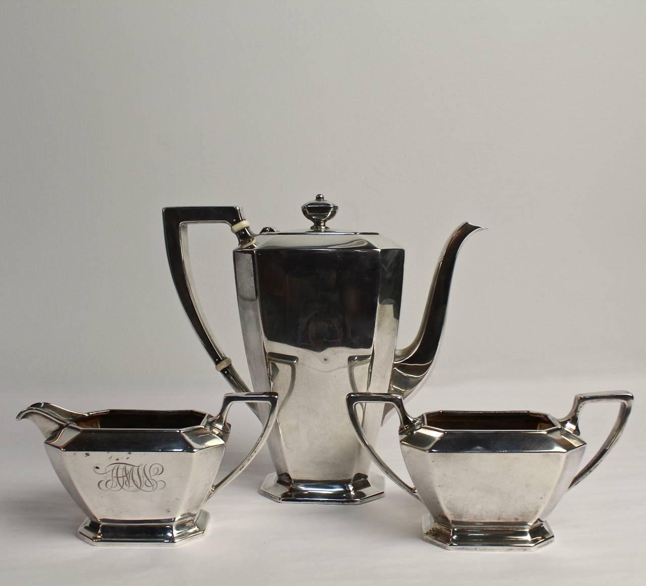 Antique Gorham Fairfax Sterling Silver Tea Set with a Teapot, Creamer and Sugar In Good Condition In Philadelphia, PA