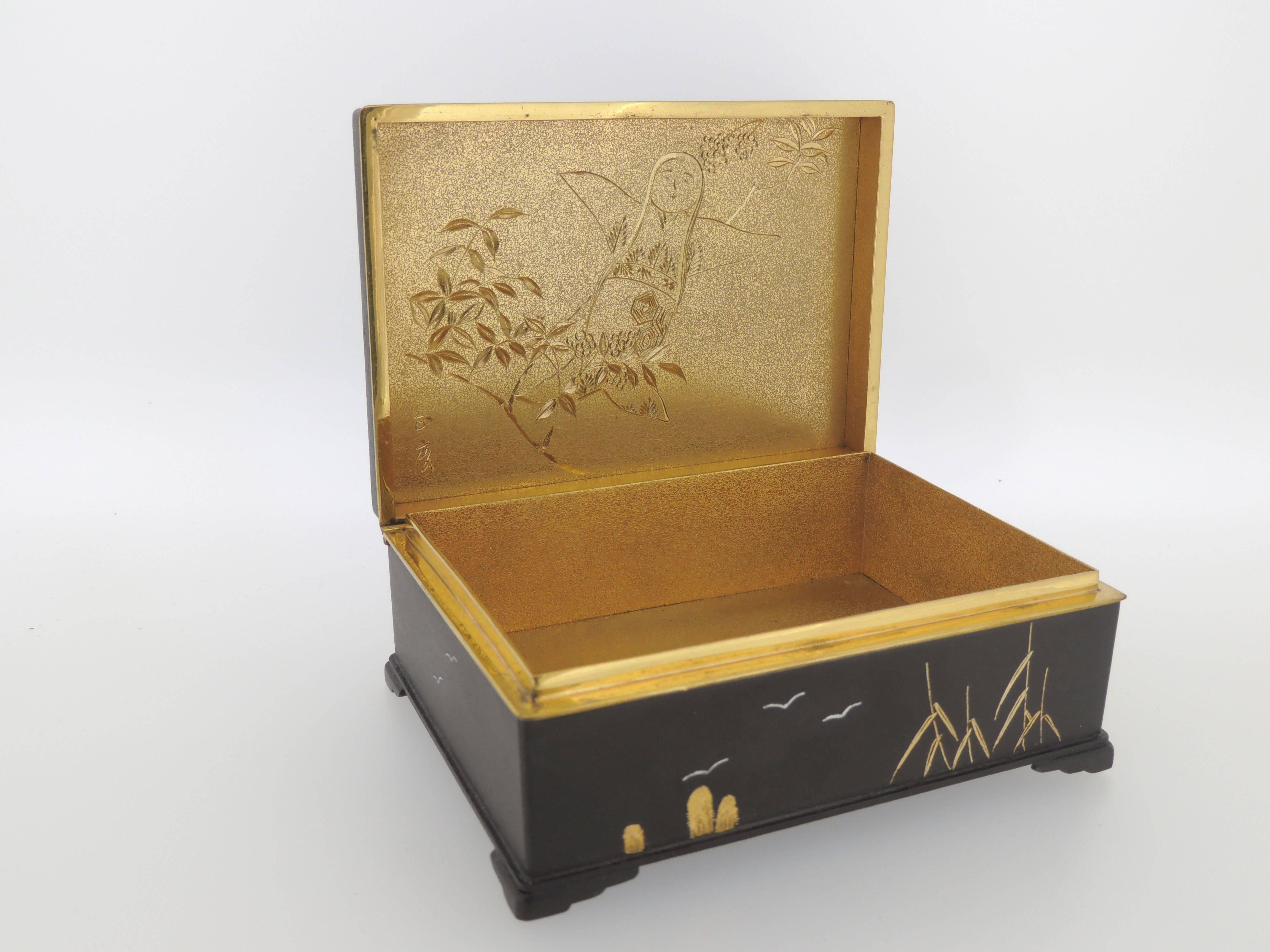 20th Century Signed Japanese Steel Shakudo Damascene Box with a Shimazu Mon For Sale