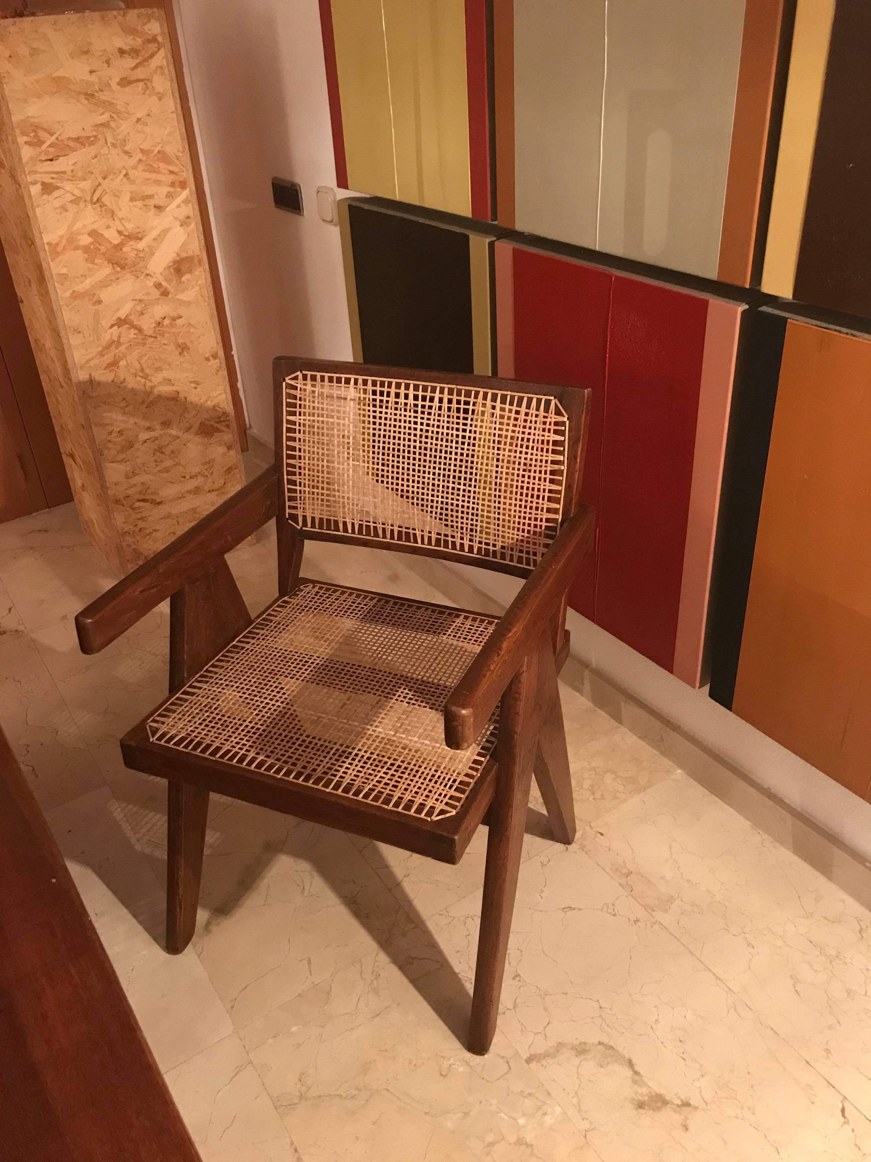  Pierre Jeanneret Teak Six Office Cane Armchairs for Chandigarh, India 1.950s 2