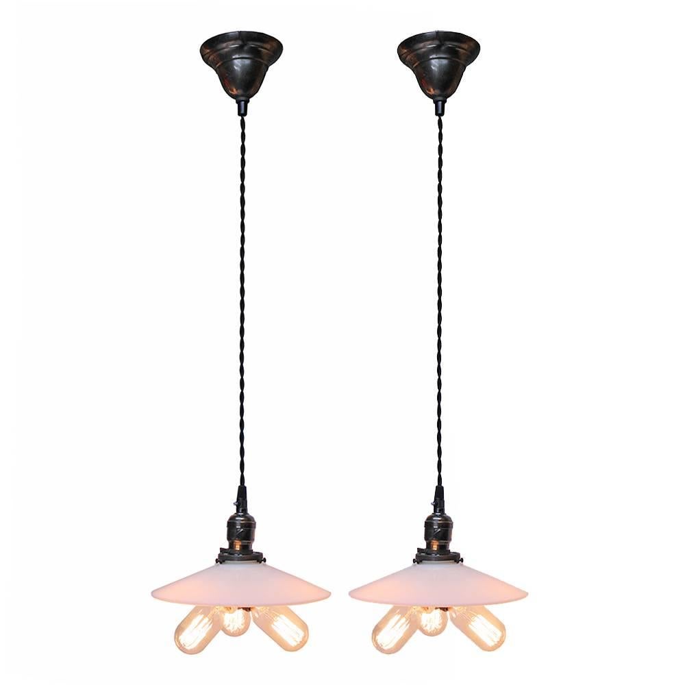 Vintage Benjamin Electric Co. Triple Socket Pendant Lights, Pair