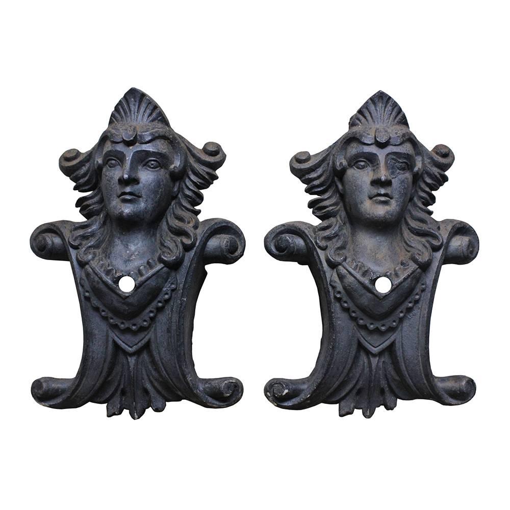 Cast Iron Figural Bust Architectural Plaques, Set of Two