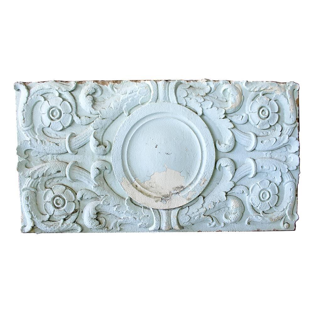 A set of massive cast stone architectural panels that exemplify the beauty of early 20th century architecture. Salvaged from the Lone Oak Race Track in Salem or these panels feature a central cartouche that is surrounded by swirling floriated