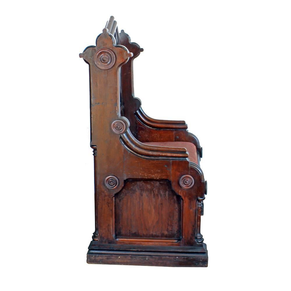 Contemplate your sins and forgive yourself at the same time in this beautiful early 20th century hand-carved bench seat. Replete with Gothic inspired accents, the generously sized bench seat provides comfort and style, with its red velvet