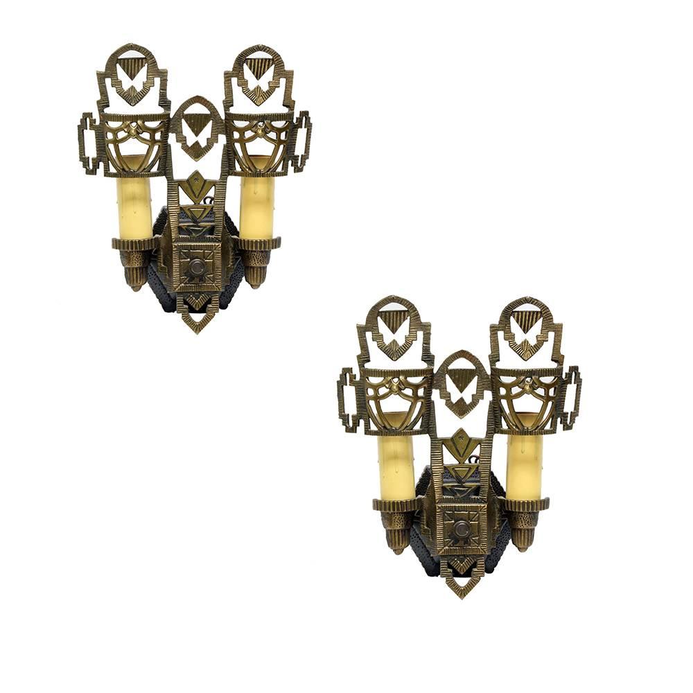 Art Deco Double Candelabra Sconces (S/2) In Excellent Condition In Aurora, OR