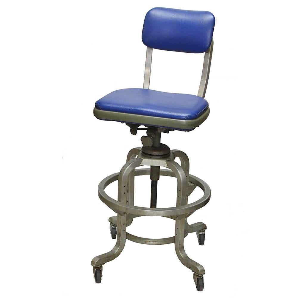 The General Fireproofing Company was founded in 1902 and began producing office chairs under the Good Form name in 1929. These midcentury adjustable stools are in beautiful shape with bright blue vinyl seats and backs. The aluminum frames are in