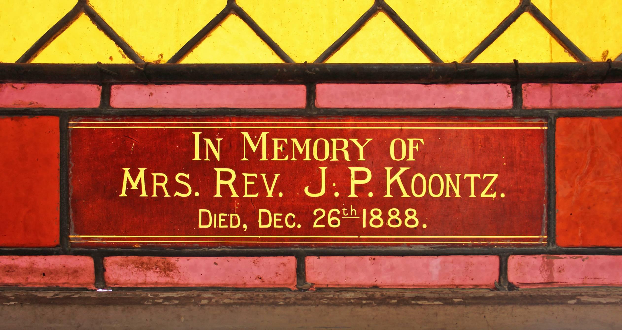 Reverend Josiah Perry Koontz was a Methodist minister in the late 19th and early 20th century from Cumberland, PA. Created in the early 20th century and installed in a no longer extant church, Rev. Koontz commissioned the window in memory of his