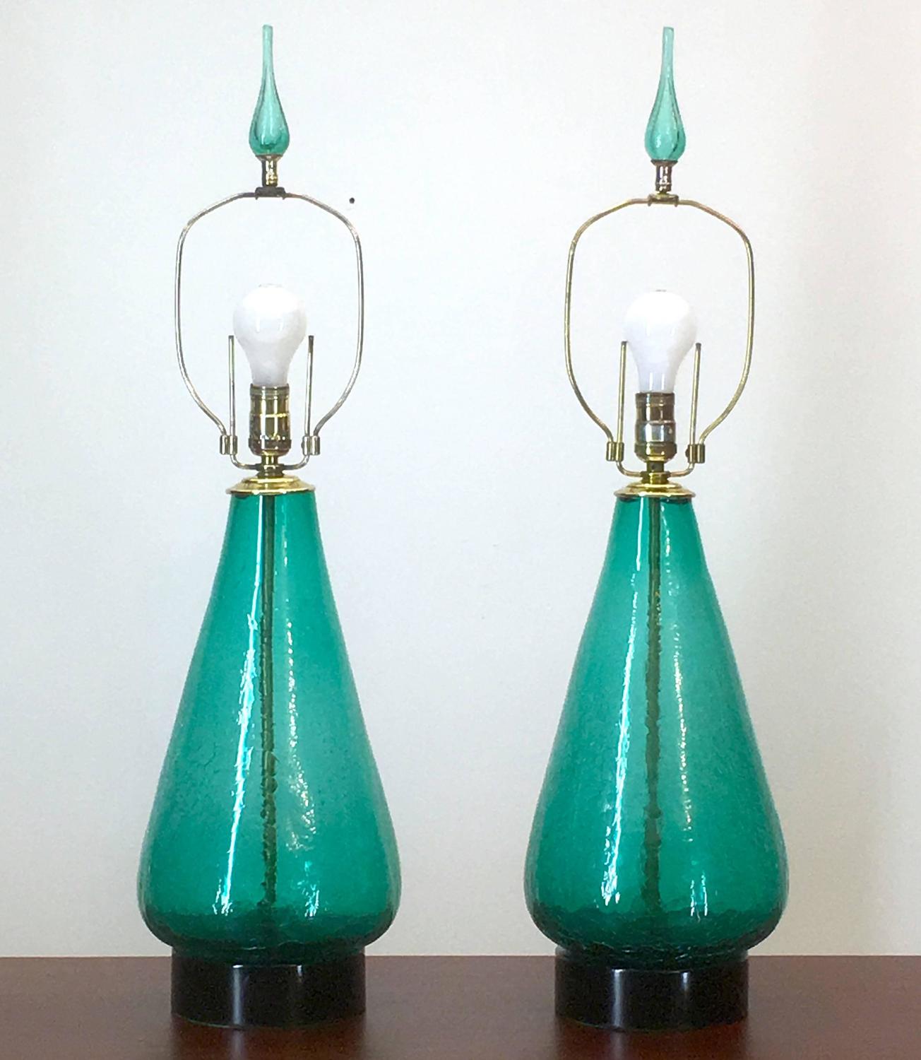 Pair of Original 1960s Blenko Lamps in Sea Green For Sale at 1stdibs