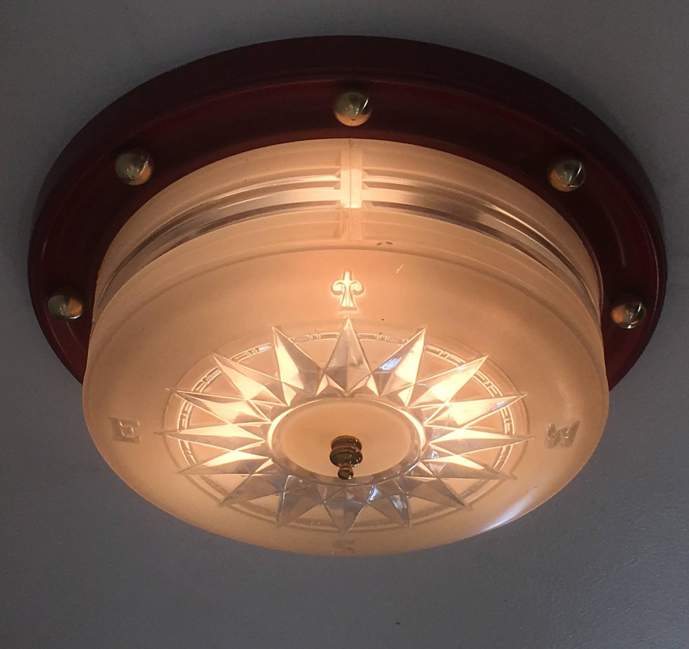 American 1940s Flush Mount Nautical Theme Ceiling Lamp by Lightoier