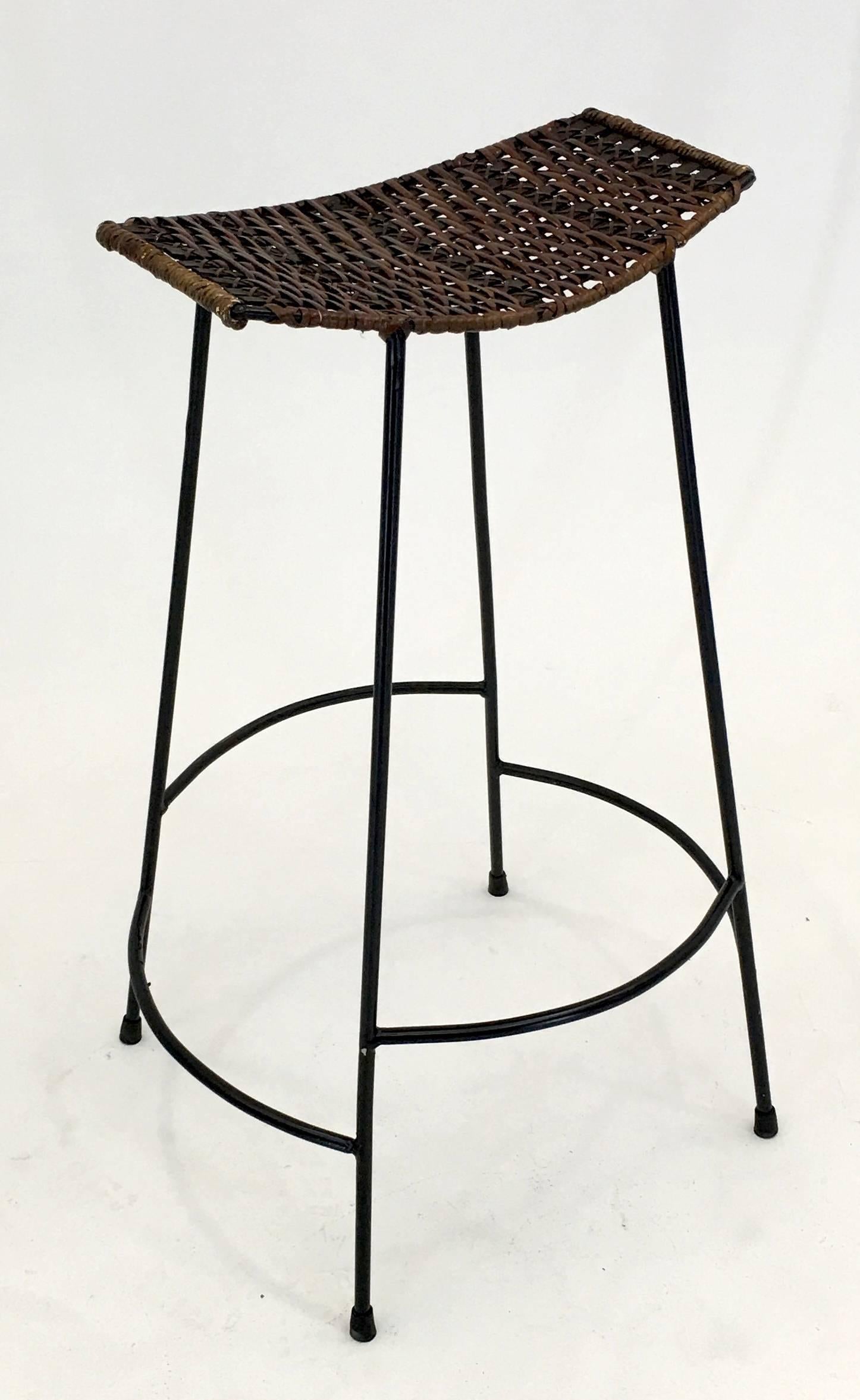 Mid-Century Modern Set of Three Bar Stools in Wicker Cane