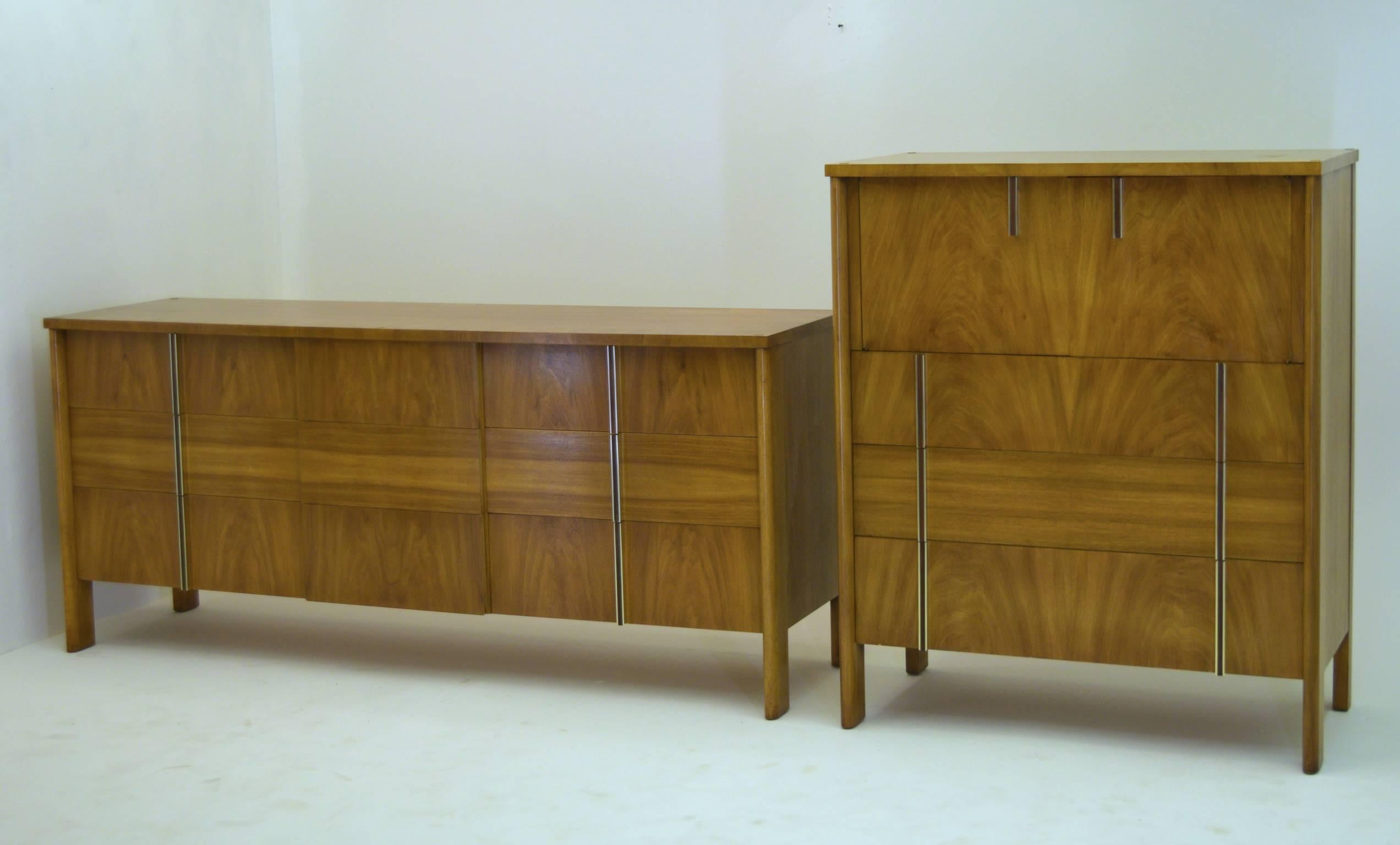 Produced in the early 1950s, this set of bedroom furniture by John Widdicomb represents some of the finest work from the cabinetmaker with craftsmanship
more commonly seen with the T.H. Robsjohn-Gibbings pieces.

These pieces are large, deeper