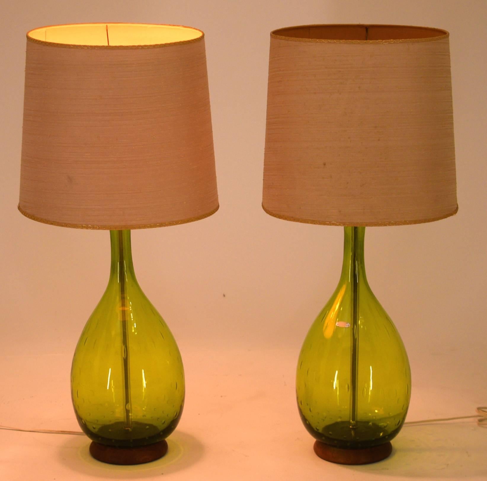 Mid-Century Modern Joel Myers Large Blenko Table Lamps 1967 in Olive Green Glass