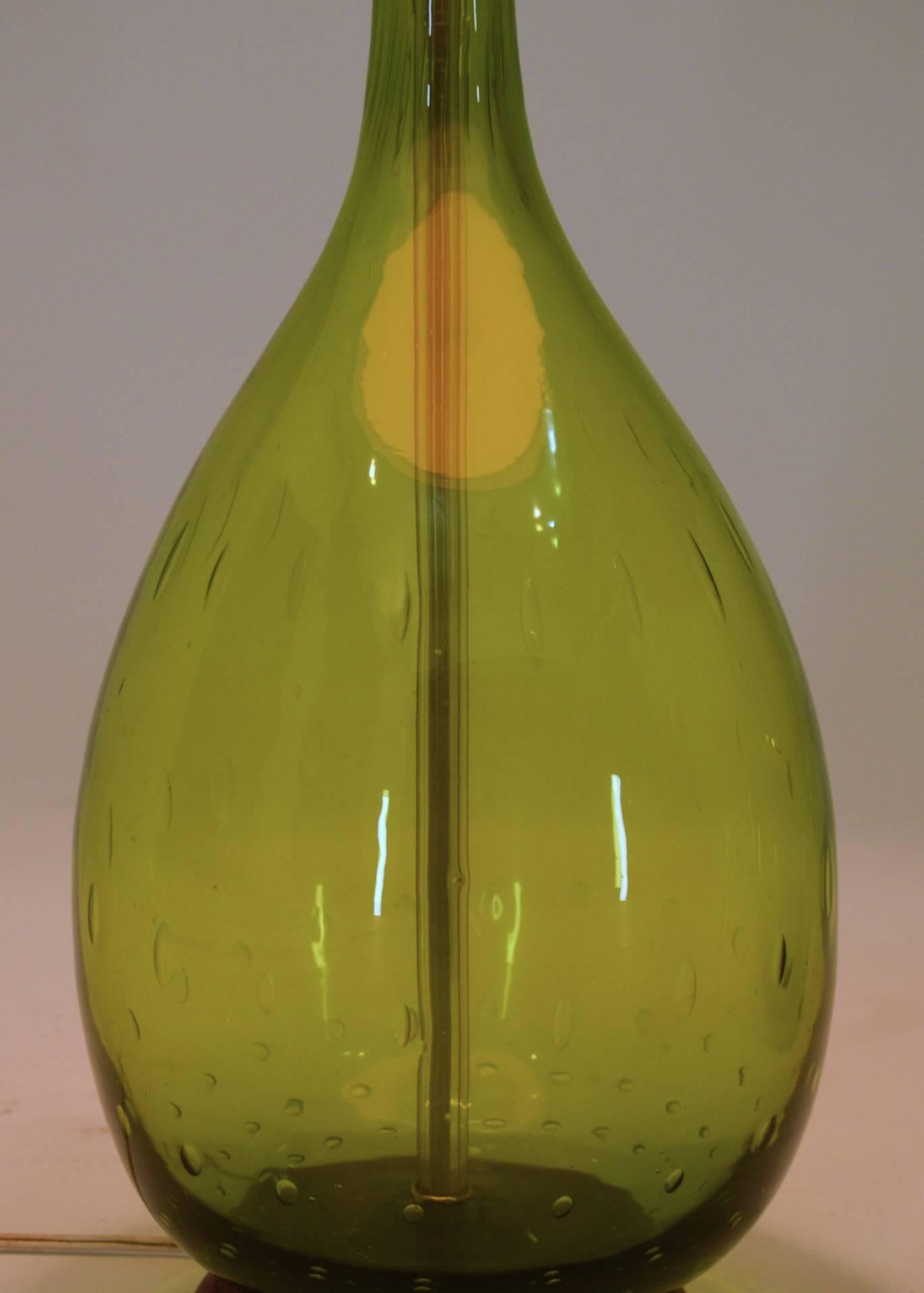 Mid-20th Century Joel Myers Large Blenko Table Lamps 1967 in Olive Green Glass