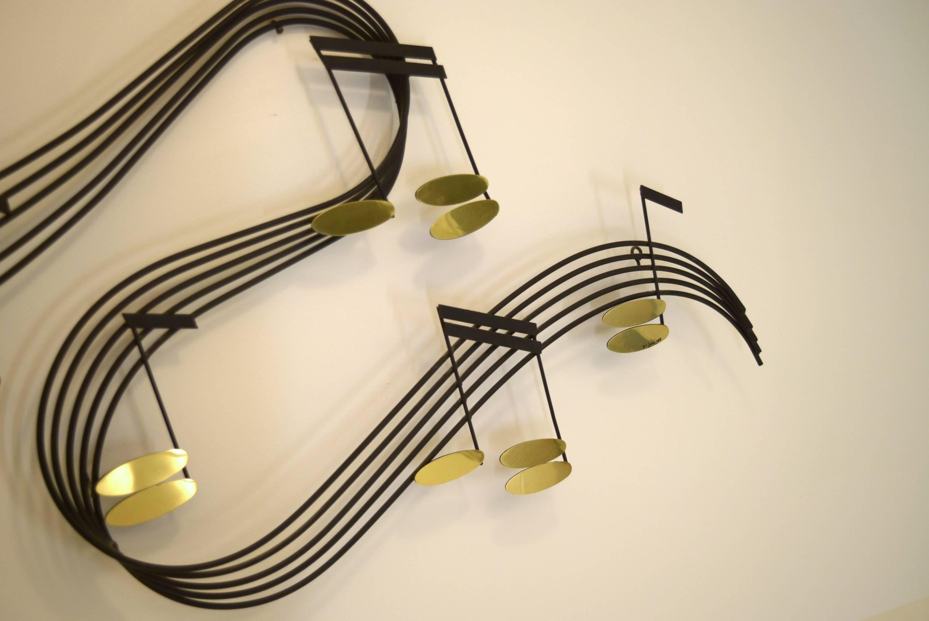 Mid-Century Modern Large Whimsical Music Theme Tunes Wall Sculpture by Curtis Jere