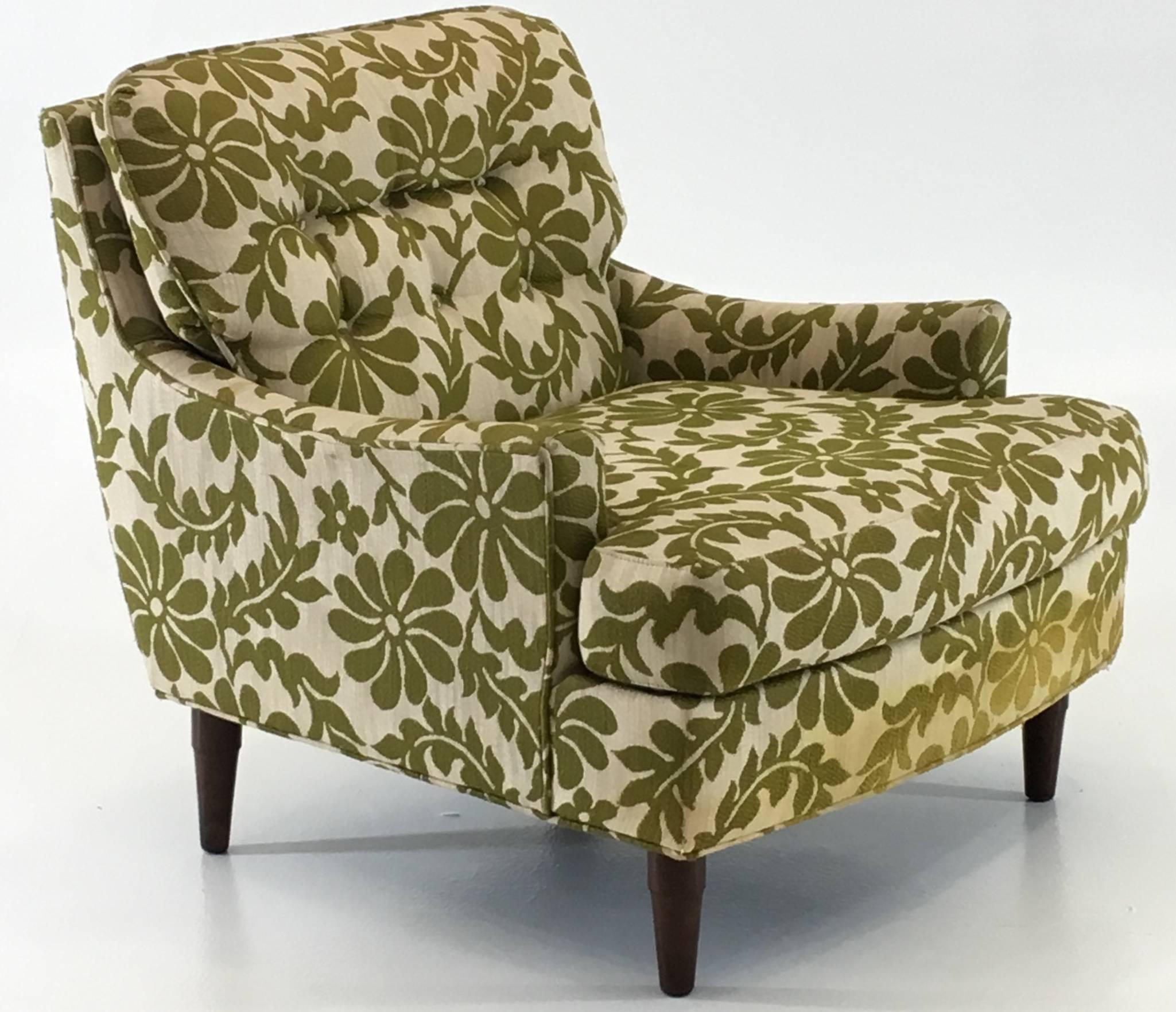 Selig of Monroe
USA, circa 1965
Armchair
Measures: 29 tall x 32 deep and 28 wide. Seat height 15.5 and arm height 18.5 inches.

A very smart low profile lounge armchair by Selig with Danish styling in curved arms and a subtle tapering of all