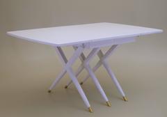 Outstanding Scissor Base Dining Table in White Lacquer with Brass Tips