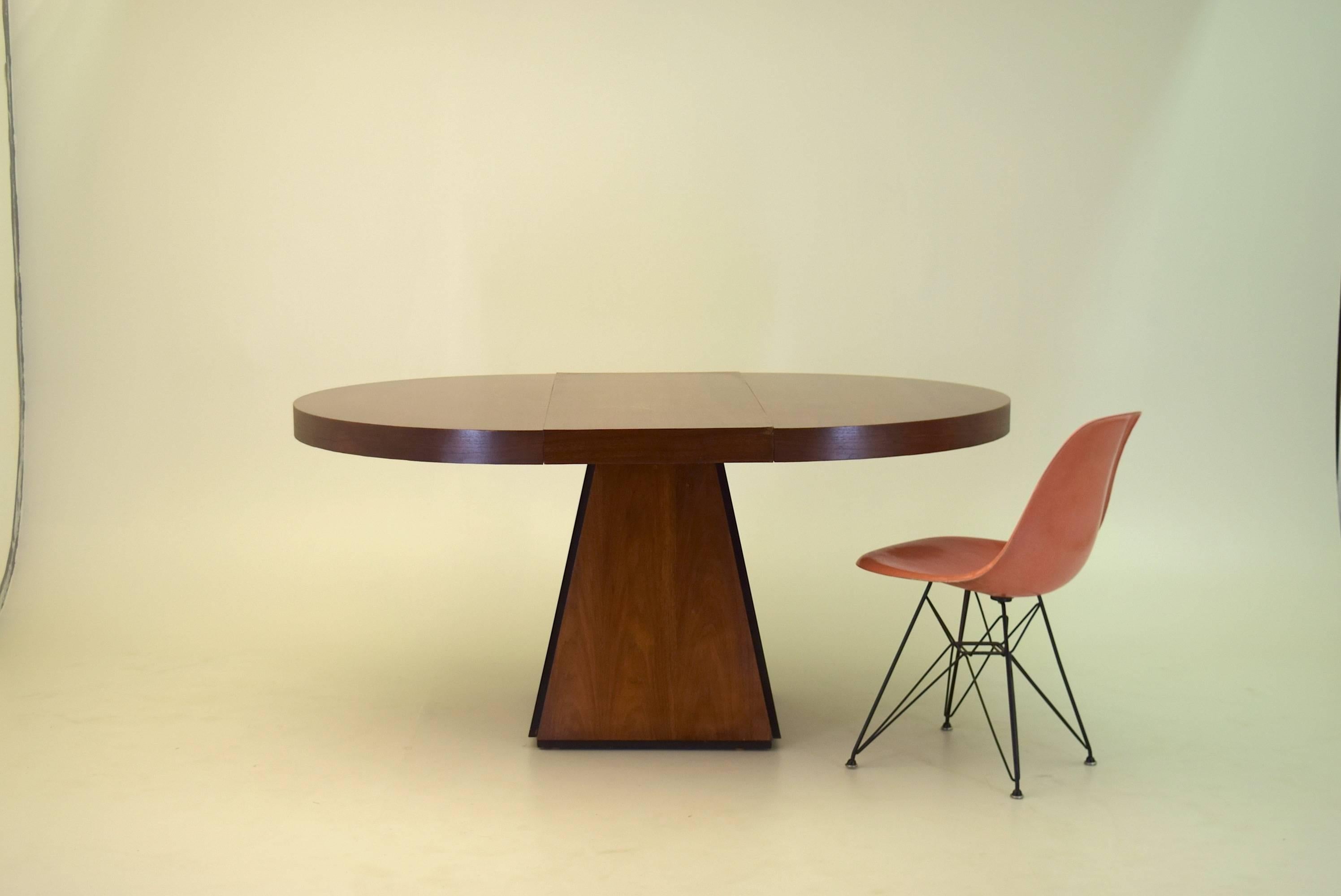 American Pierre Cardin Round Obelisk Dining Table in Walnut with Extension Leaf