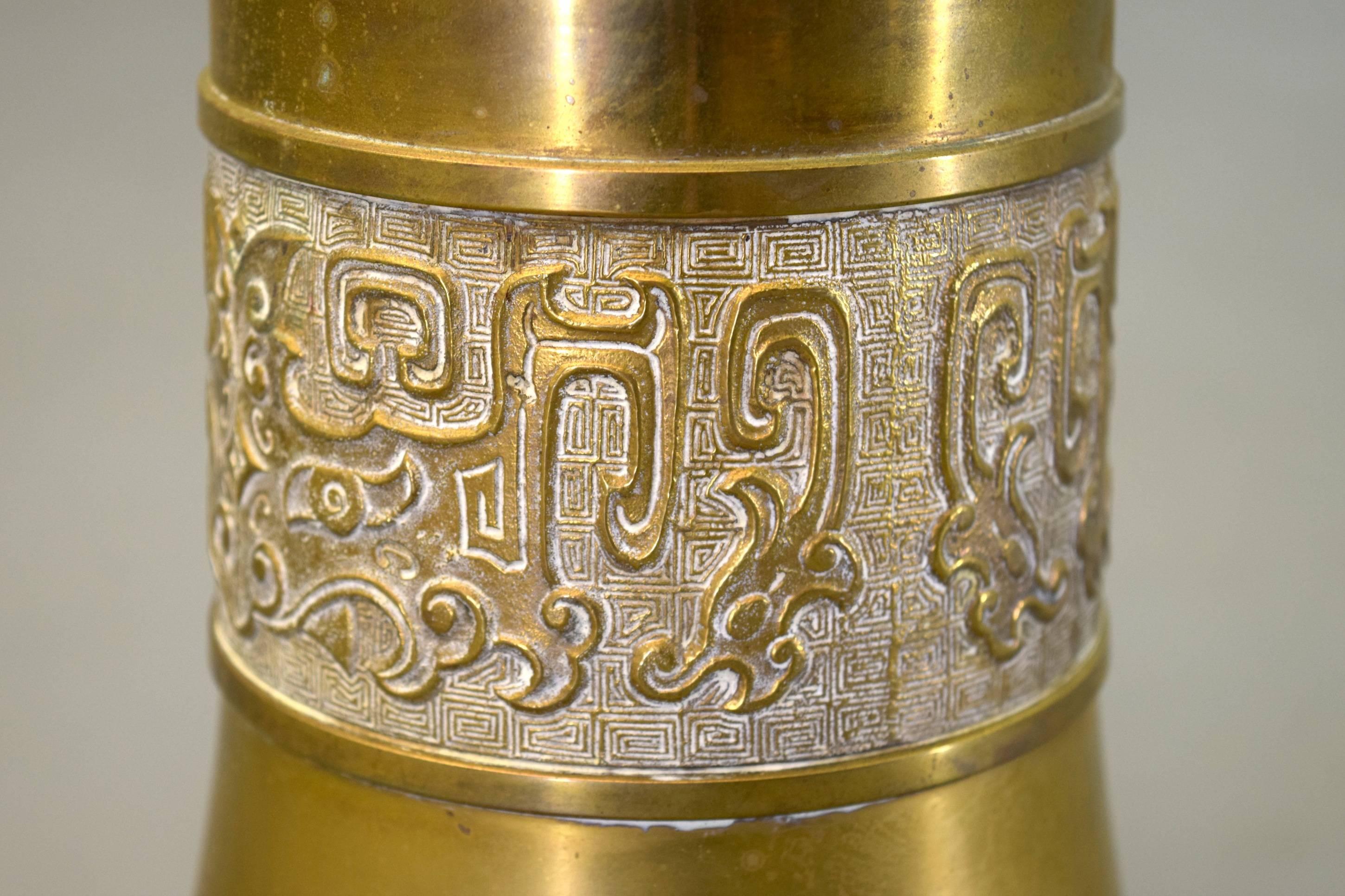 Unknown Large Mantle or Floor Brass Candle Holder, Incised Pattern Relief