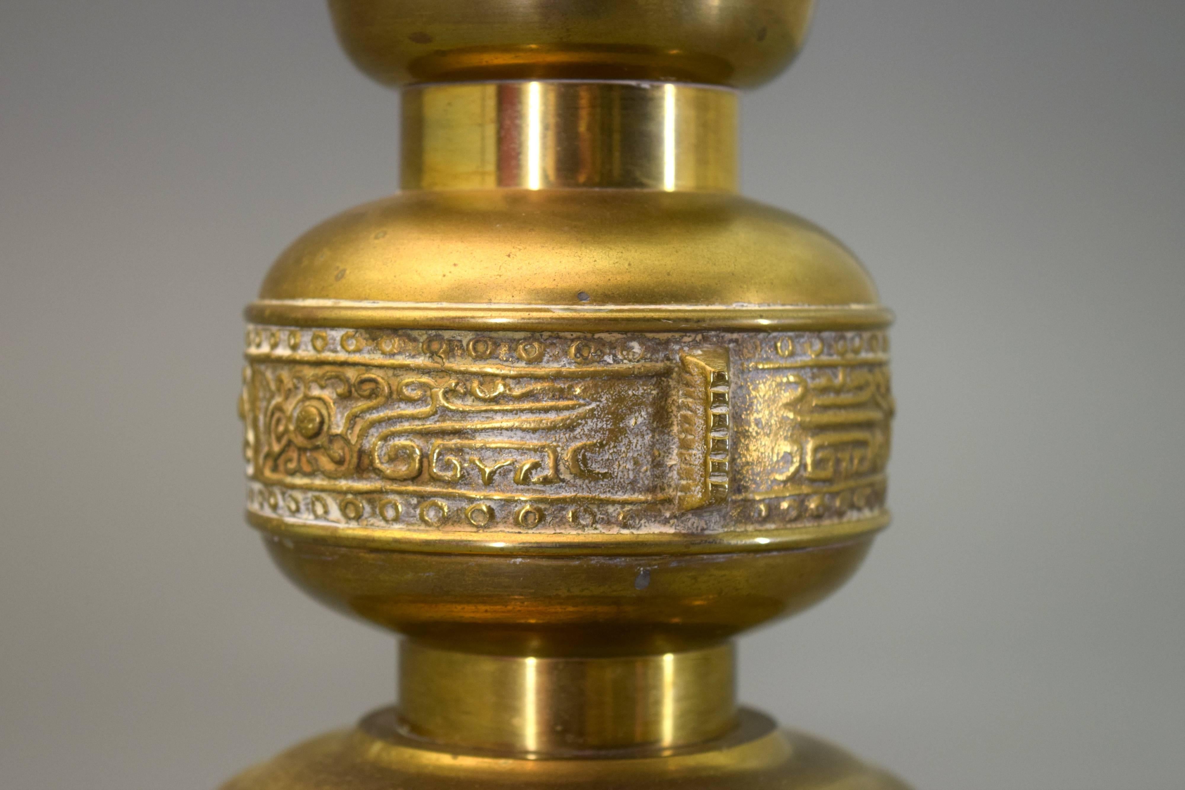 Large Mantle or Floor Brass Candle Holder, Incised Pattern Relief In Excellent Condition In South Charleston, WV