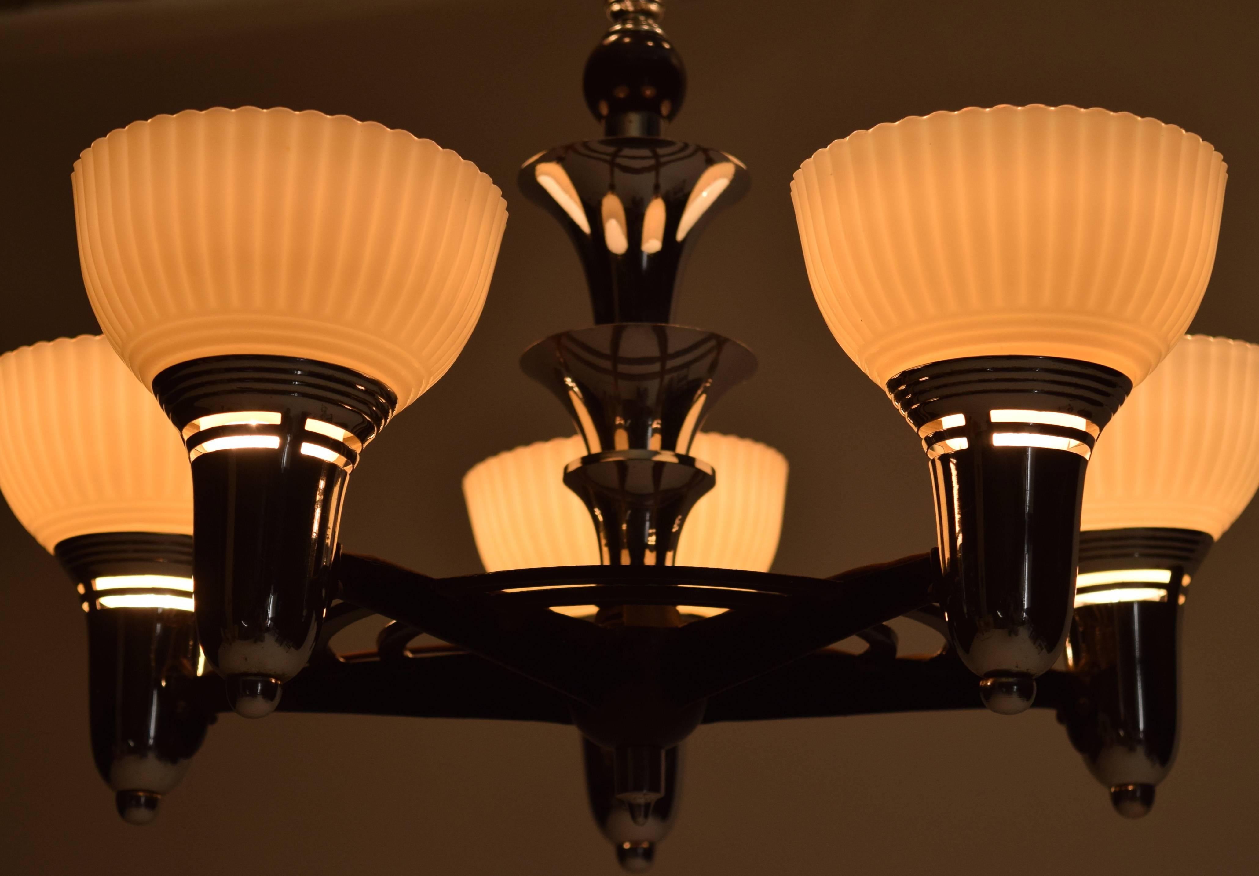 Art Deco Streamline Machine Age Lightolier Chandelier Starburst, circa 1920s Signed
