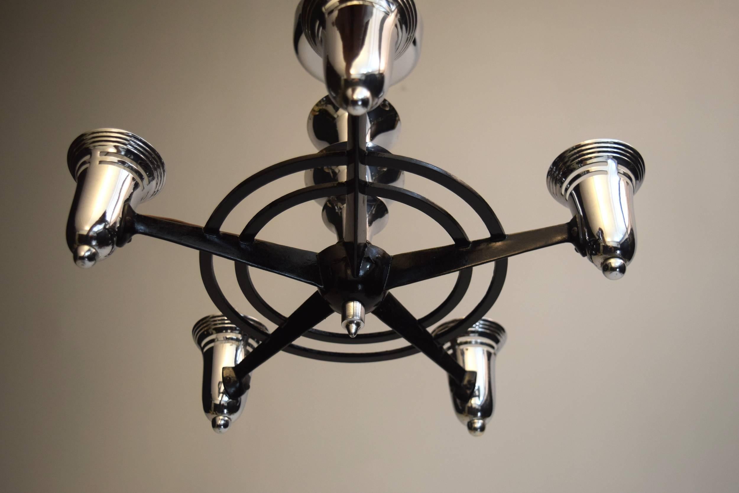 American Streamline Machine Age Lightolier Chandelier Starburst, circa 1920s Signed
