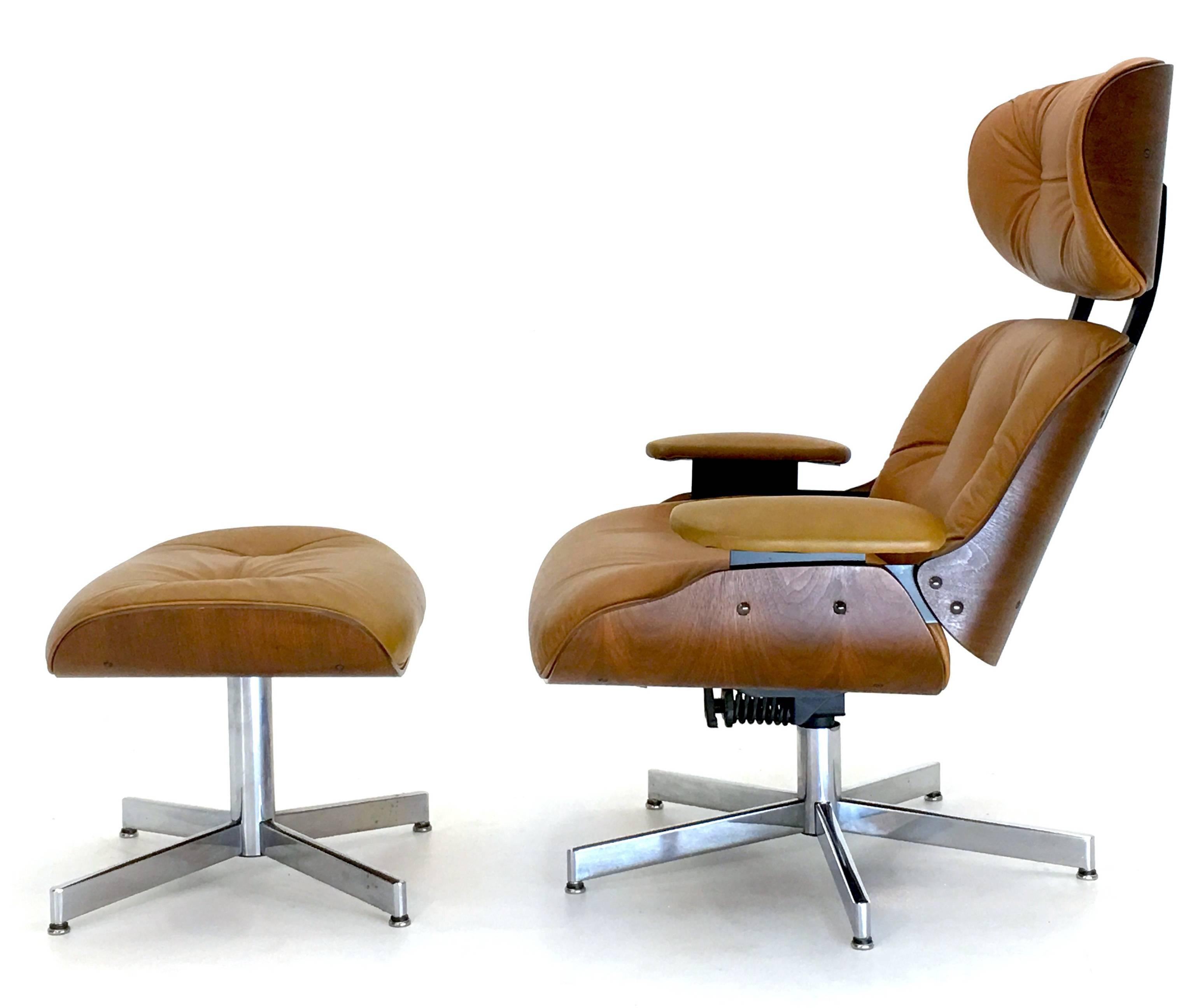 Produced in the 1960s-1970s by Plycraft for Selig by George Mulhauser as an alternative to the Ray and Charles Eames lounge chair.

This model features the ability to recline back, has quality chromed leg bases (not caps at the end) with curves