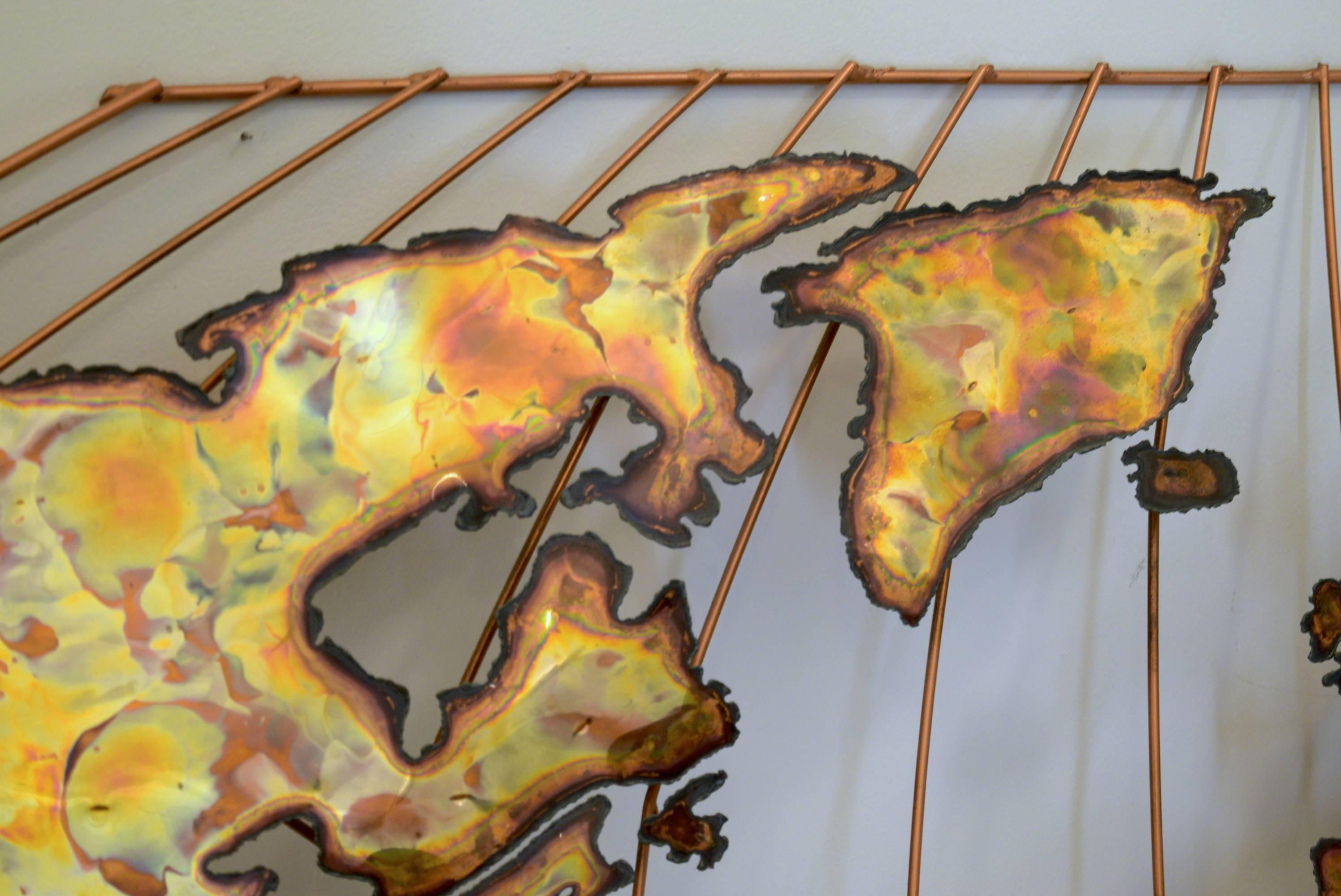 American Giant Map of the World in Burnished Copper, Metal and Steel