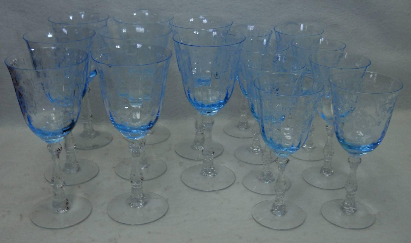Fostoria crystal Navarre blue pattern 6016 set of eight water goblets and eight large Claret wine goblets

in great condition free from chips, cracks, clouding, break, stain, or discoloration and with only a minimum of use.

Measures