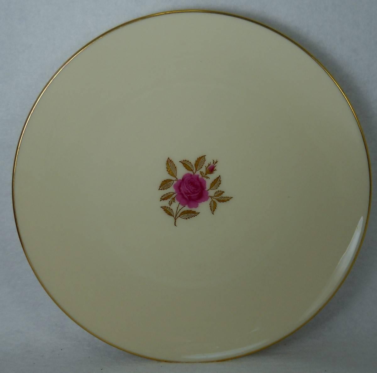 LENOX china ROSELYN pattern 36-piece SET SERVICE for Nine (9)

in great condition free from chips, cracks, break, stain, or discoloration and with only a minimum of use.

• Mfg 1952 - 1980. 

• Cream with Pink Rose & Gold Leaves.

• Coupe