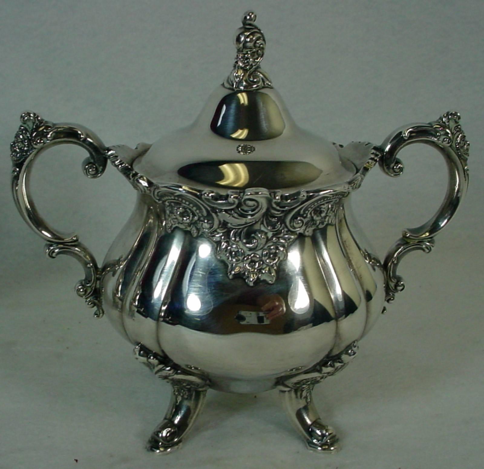 American Wallace Silver Baroque Silver Plate Five-Piece Teapot, Coffeepot, Tray Set