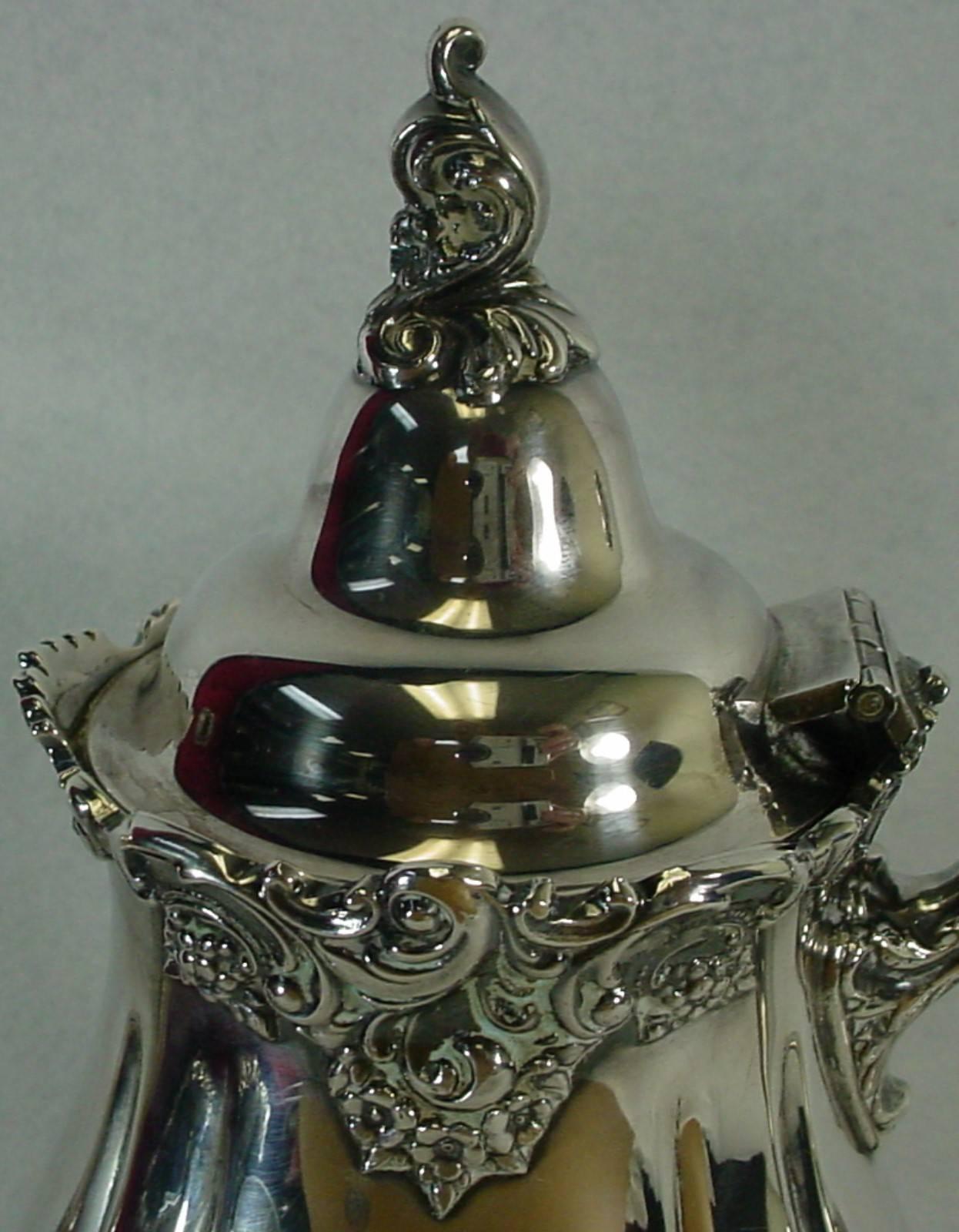 Wallace Silver Baroque Silver Plate Five-Piece Teapot, Coffeepot, Tray Set 4