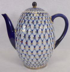 Lomonosov Imperial Russian porcelain Cobalt Net pattern Coffee pot. 