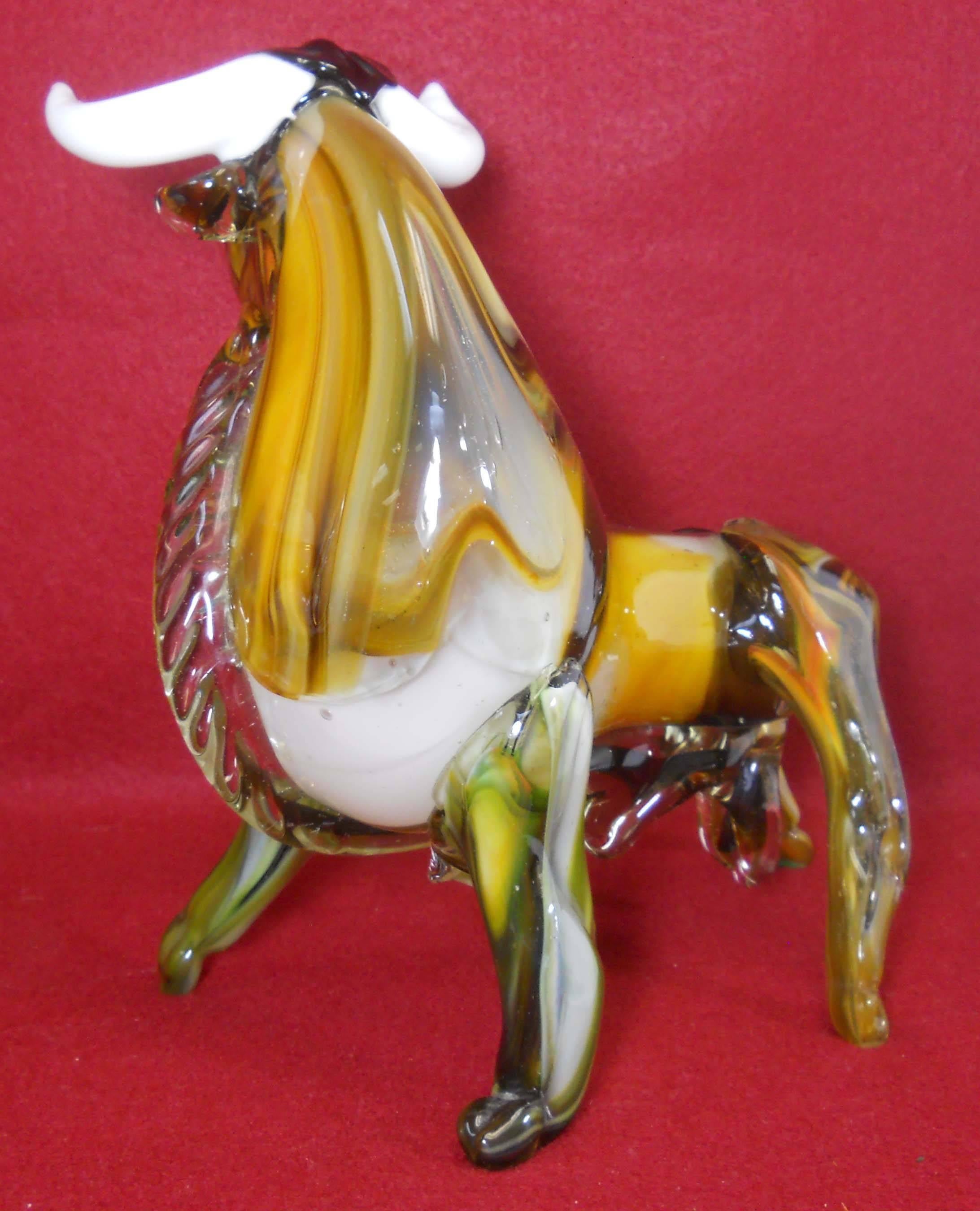 Italian Murano Glass Bull Figurine, Motled Coloring with White Horns