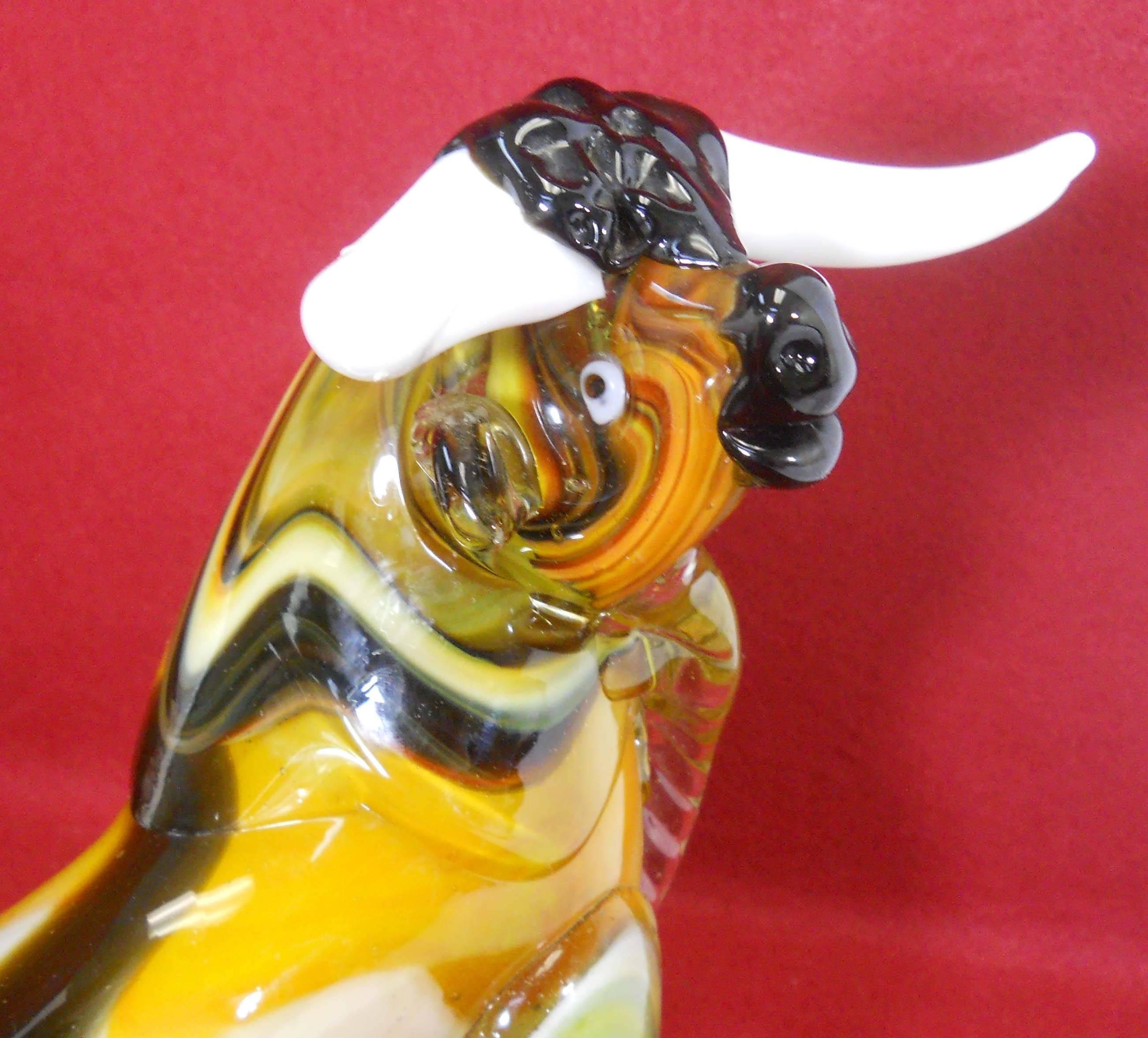 Hand-Crafted Murano Glass Bull Figurine, Motled Coloring with White Horns