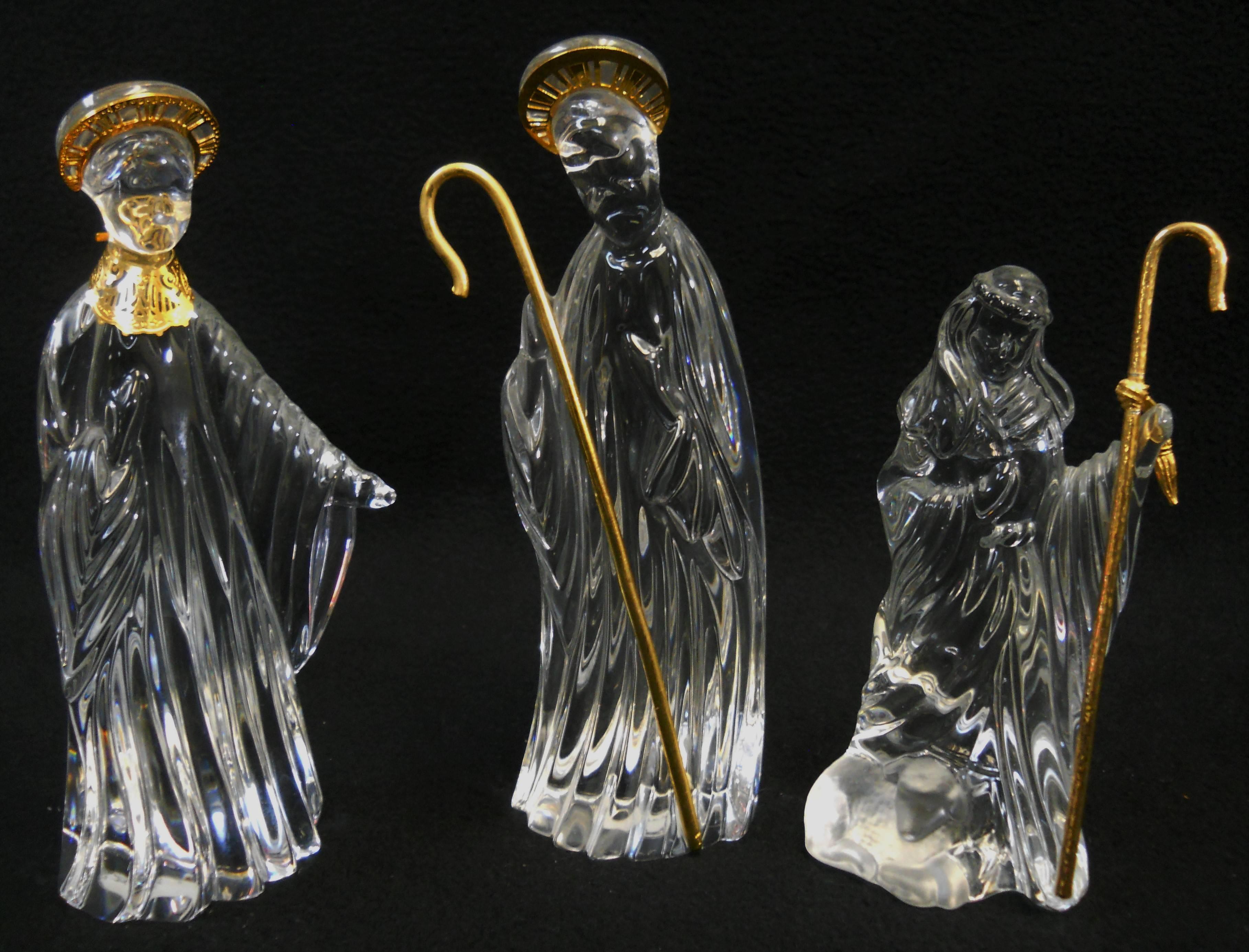 American Gorham Crystal Nine-Piece Nativity Scene, Lead Crystal with Gold Accents