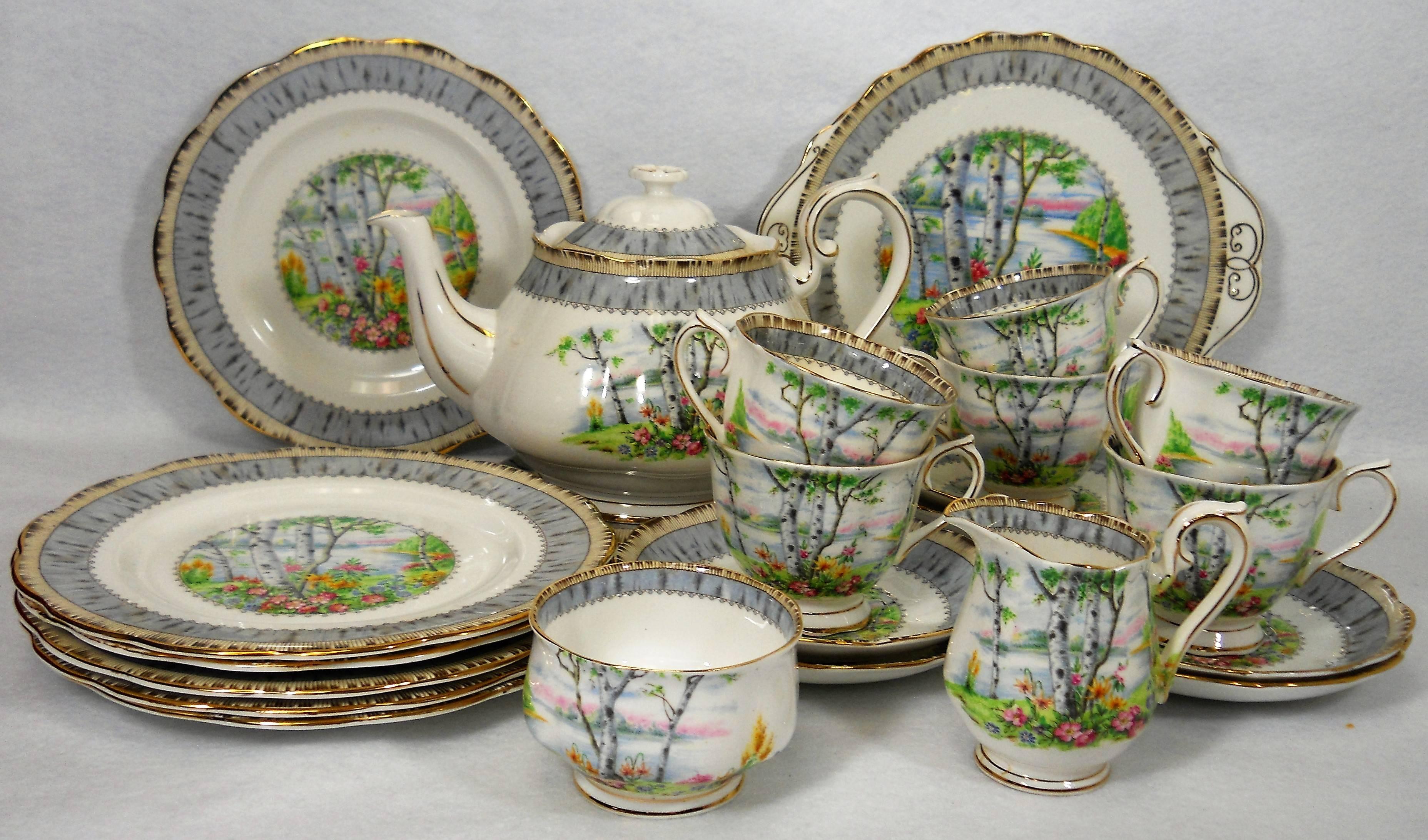 ROYAL ALBERT china SILVER BIRCH pattern 24-piece Tea or Dessert Set