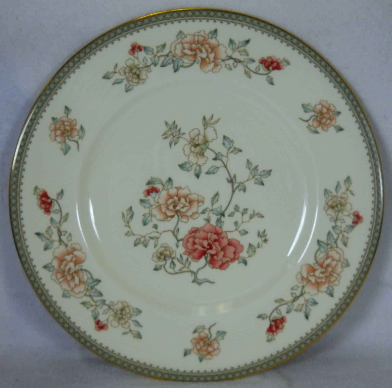 Minton England china Jasmine pattern 60-piece set service for 12

in great condition free-from chips, cracks, crazing, breaks, stains, or discoloration and with only a minimum of use.

 • Peach and white flowers.

 • Green band.

 • Gold