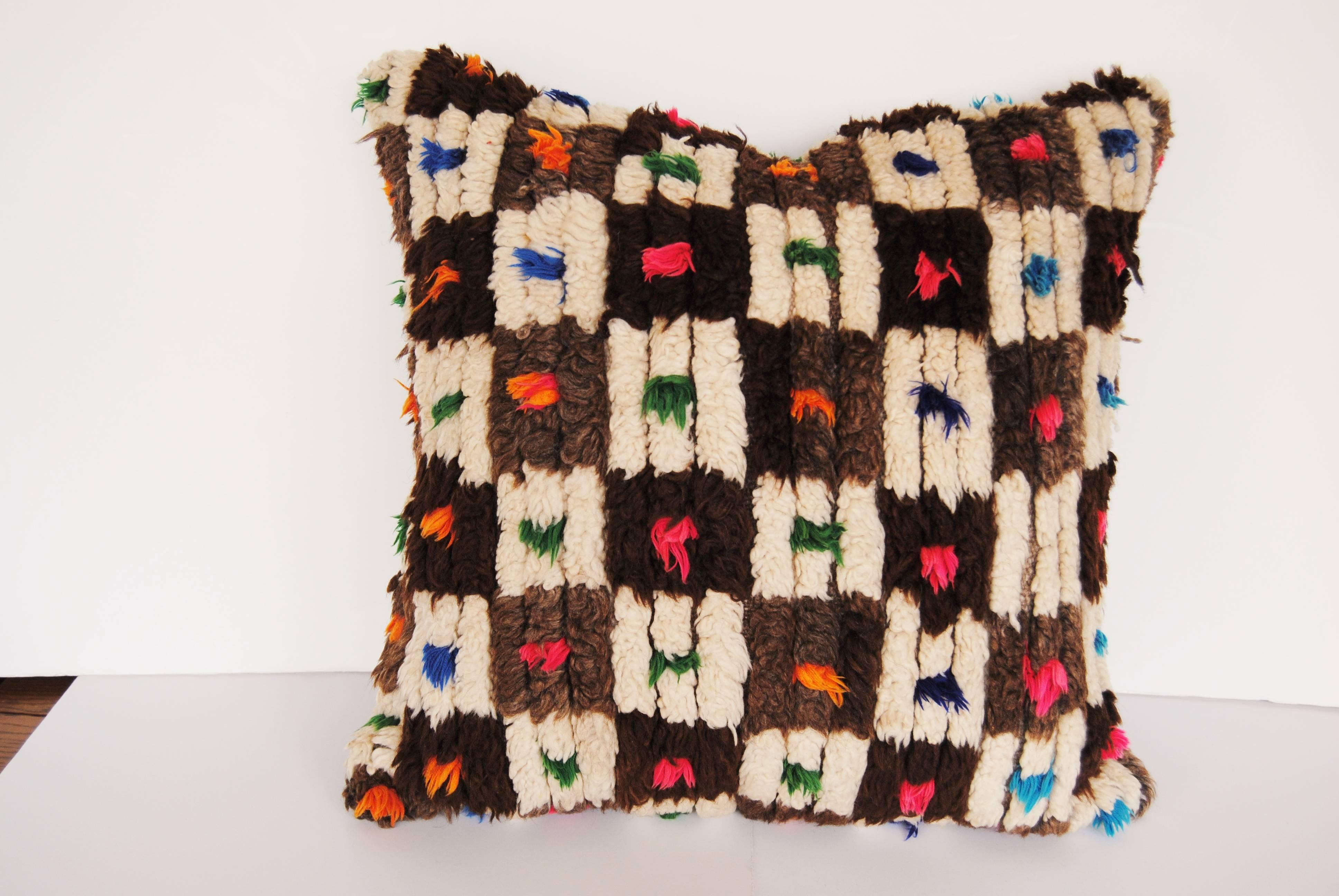 Custom Pillow Cut from a Vintage Hand Loomed Wool Moroccan Rug, Atlas Mountains In Excellent Condition In Glen Ellyn, IL