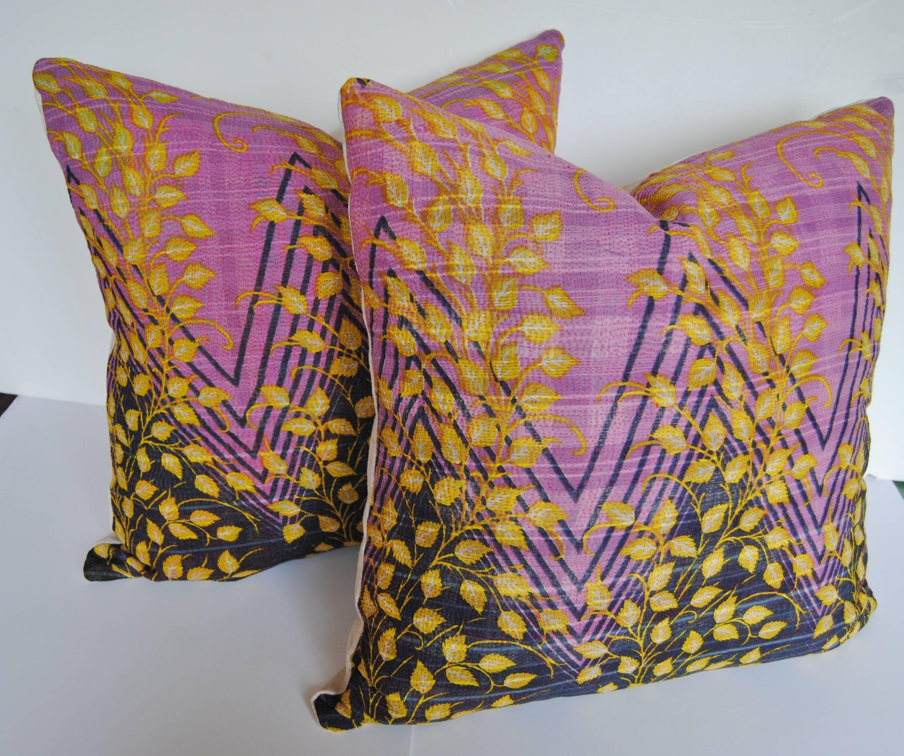 Custom pair of finely stitched cotton kantha pillows. The kantha quilt is made in India from 4 to 6 layers of vintage cotton saris quilted together. The contrast color stitching on this textile is very finely done. Pillow is backed with an ivory