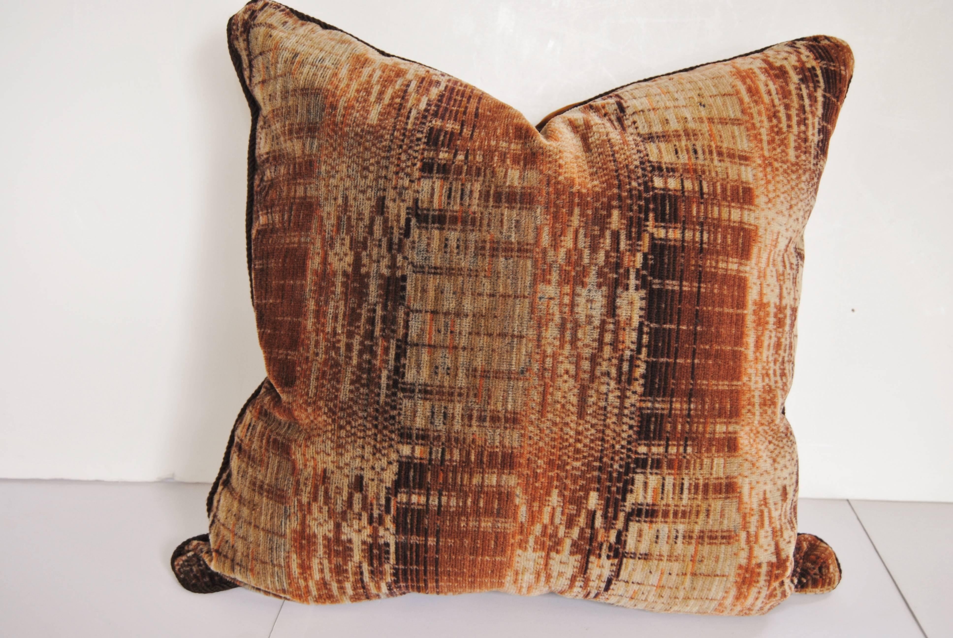 Custom pillow cut from a hand blocked mohair textile from the Amsterdam School period, 1915 - 1927. Pillow is corded, backed in a chocolate velvet, filled with an insert of 50/50 down and feathers and hand-sewn closed.