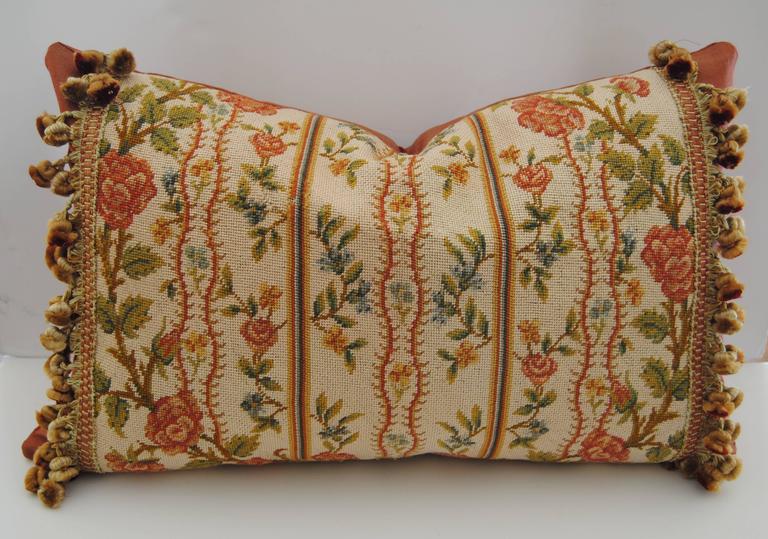 Antique French Needlepoint Pillow, Silk and Wool, Late 19th Century For