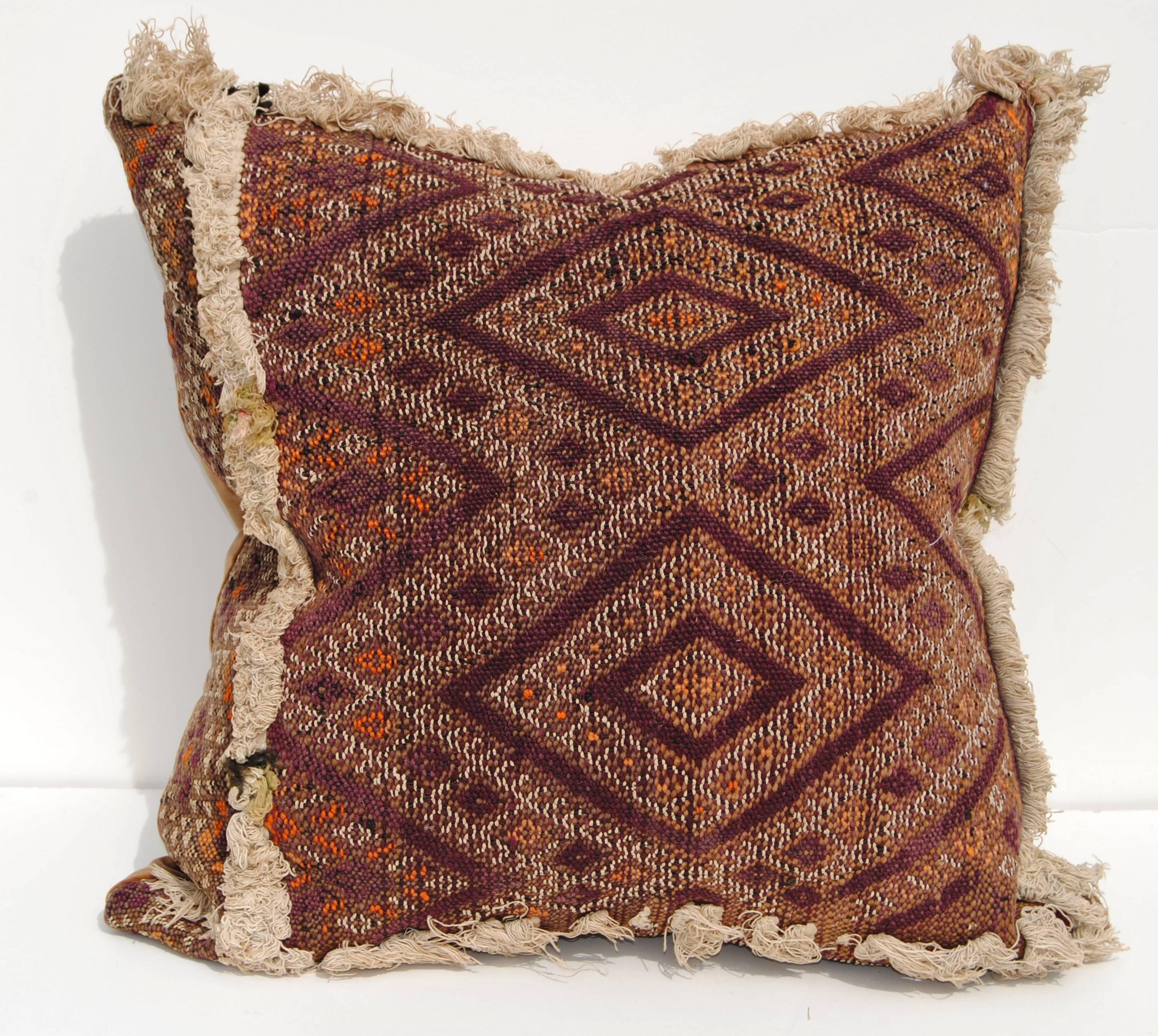 Custom Pillow Cut from an Antique Hand Loomed Wool Moroccan Berber Rug In Excellent Condition In Glen Ellyn, IL