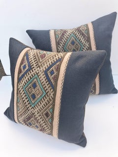 Vintage Pair of Custom Pillows Cut from Hand-Loomed Wool Moroccan Berber Rug