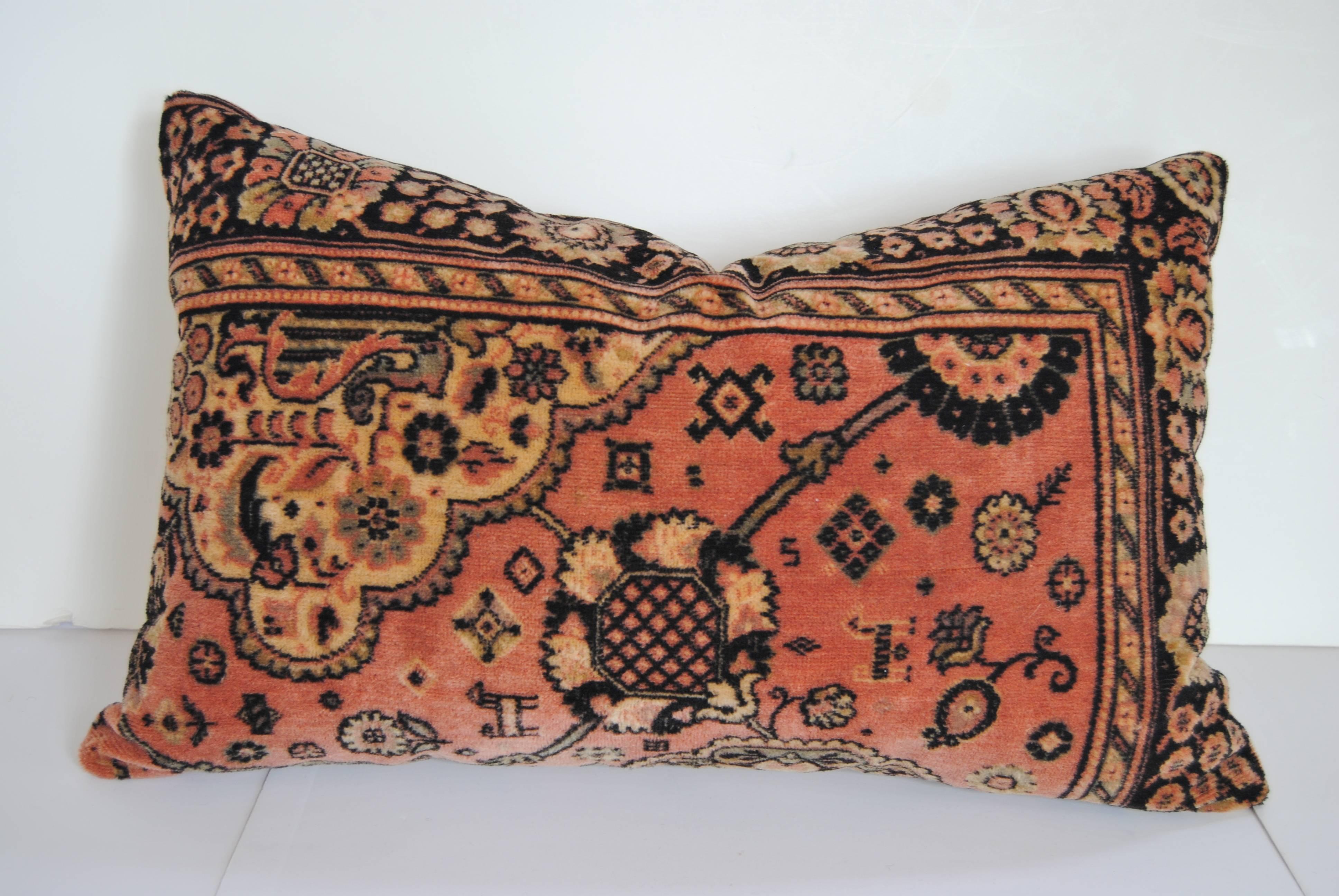 Custom pillow cut from a wool mohair cloth fro the Netherlands, early 1900's.  The textile has a soft hand  with good color, salmon, black cream and a touch of green.  The design was patterned after the oriental rugs and used over the dining table