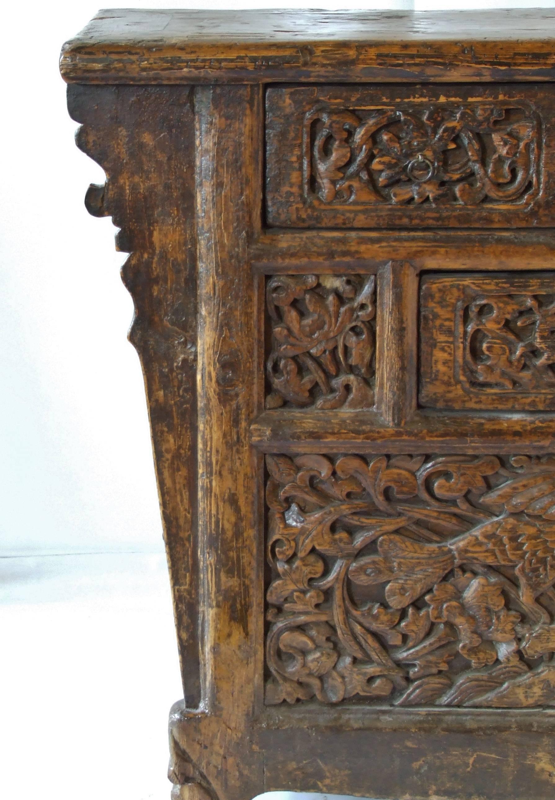 Wood Antique Chinese Hand-Carved Elmwood Coffer, Early 20th Century For Sale