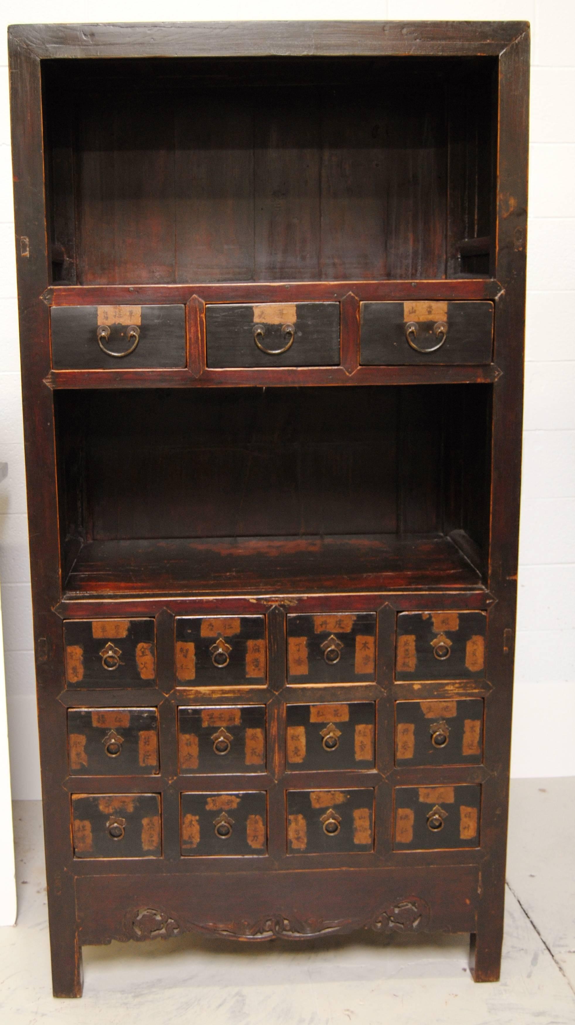 Wood Antique Chinese 15-Drawer Apothecary with Shelves, Late 19th Century For Sale