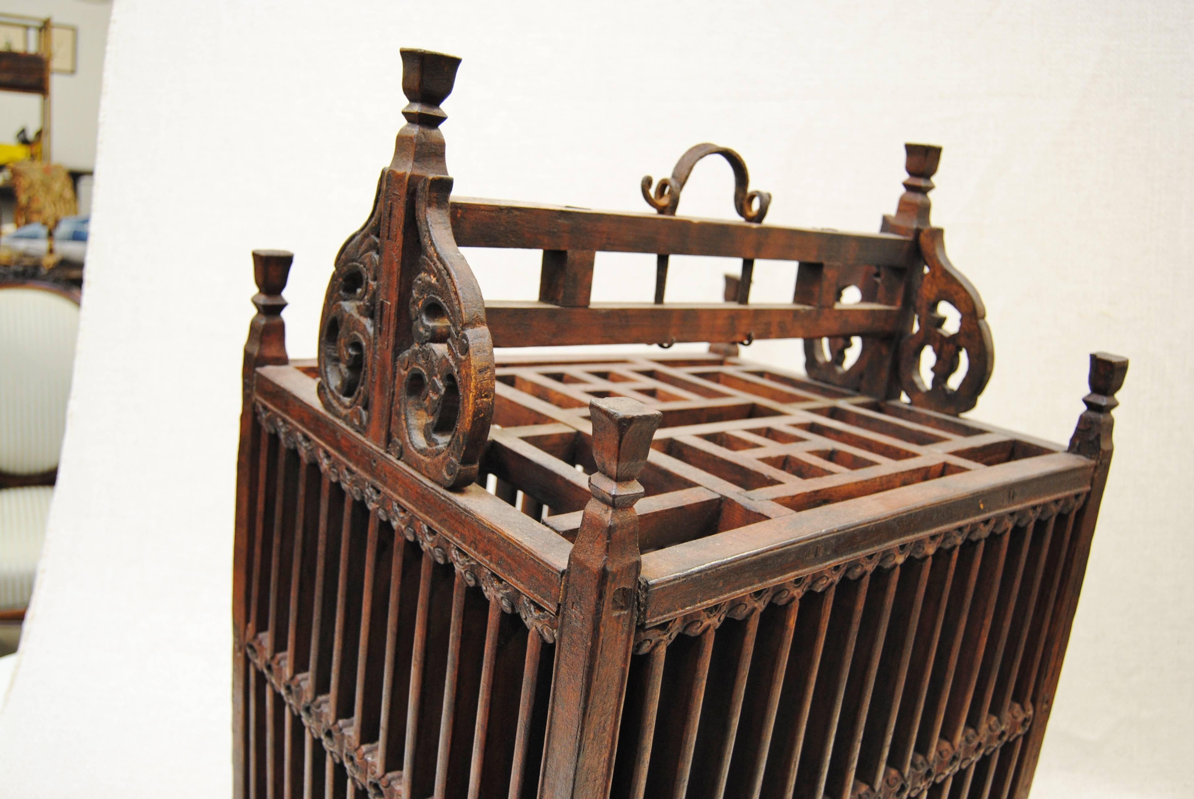 Antique Chinese Hand-Carved Bird Cage for Wedding Gift, circa 1850 In Good Condition In Glen Ellyn, IL