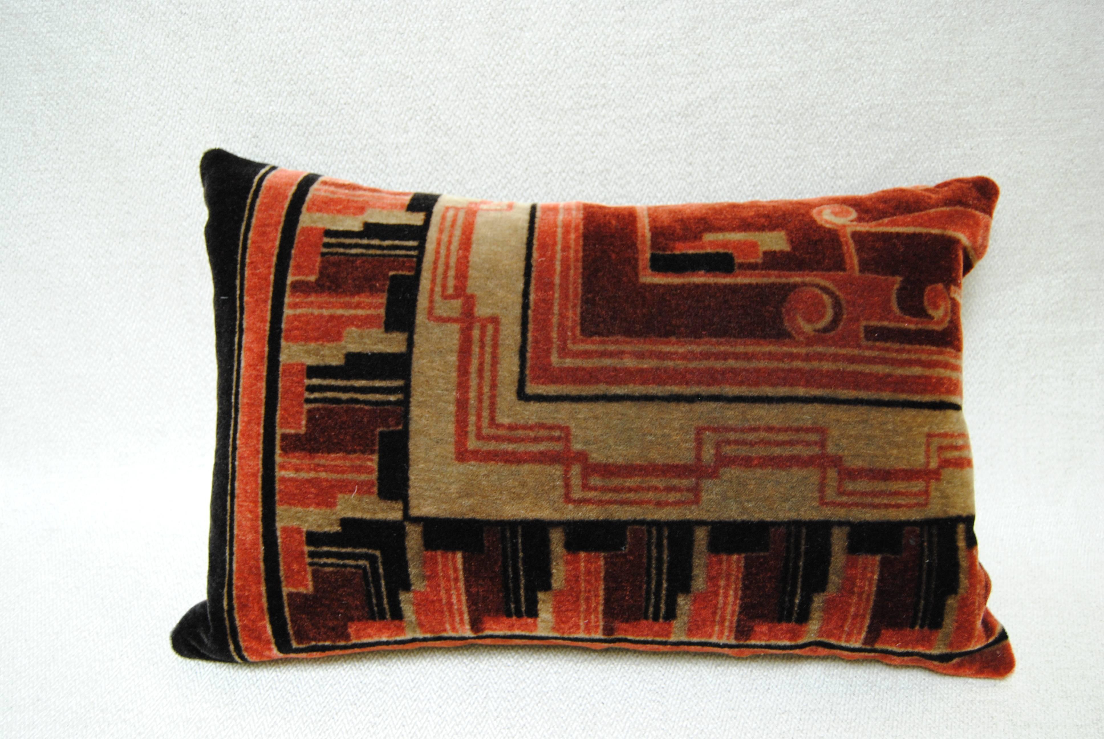 Custom pillow cut from an Amsterdam School hand blocked silk mohair textile, c.1915 to 1927. The Netherlands hired European architects to design the very distinctive Deco buildings in Amsterdam during that period and some also designed furniture and