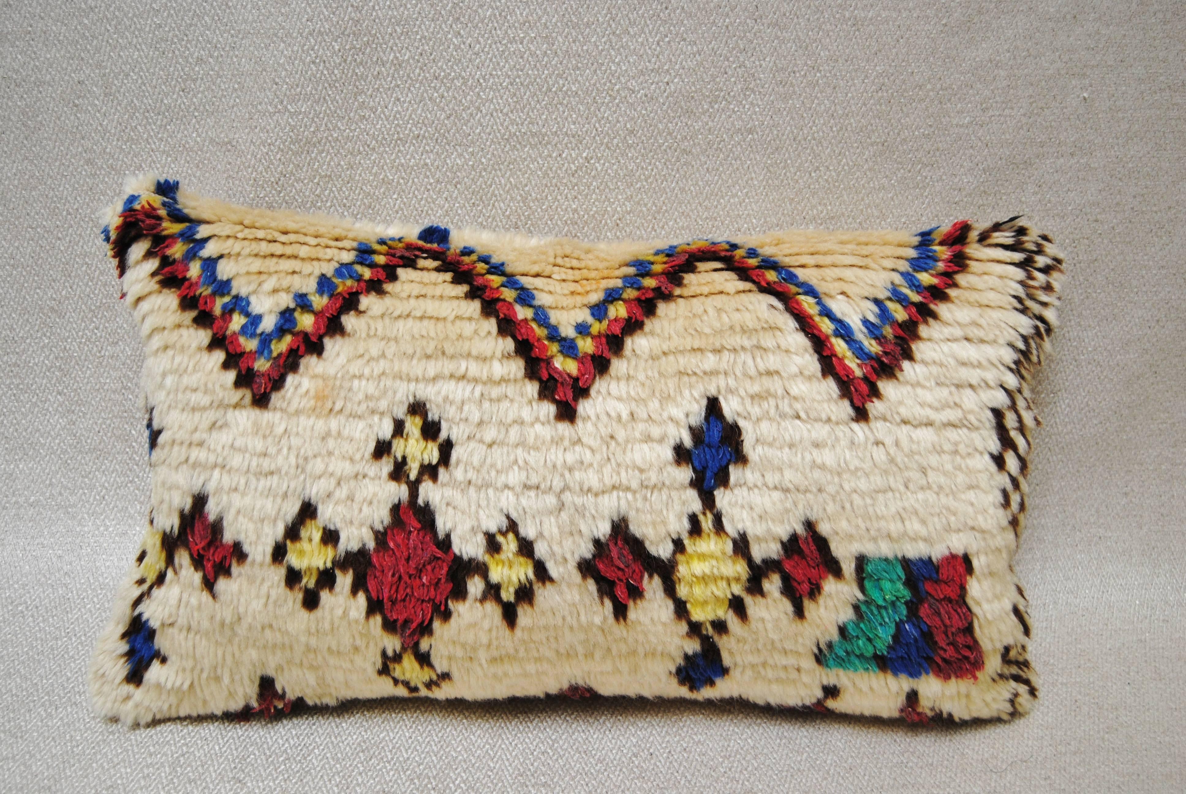Custom Moroccan Pillow Cut from a Vintage Hand-Loomed Wool Vintage Azilal Rug In Excellent Condition In Glen Ellyn, IL