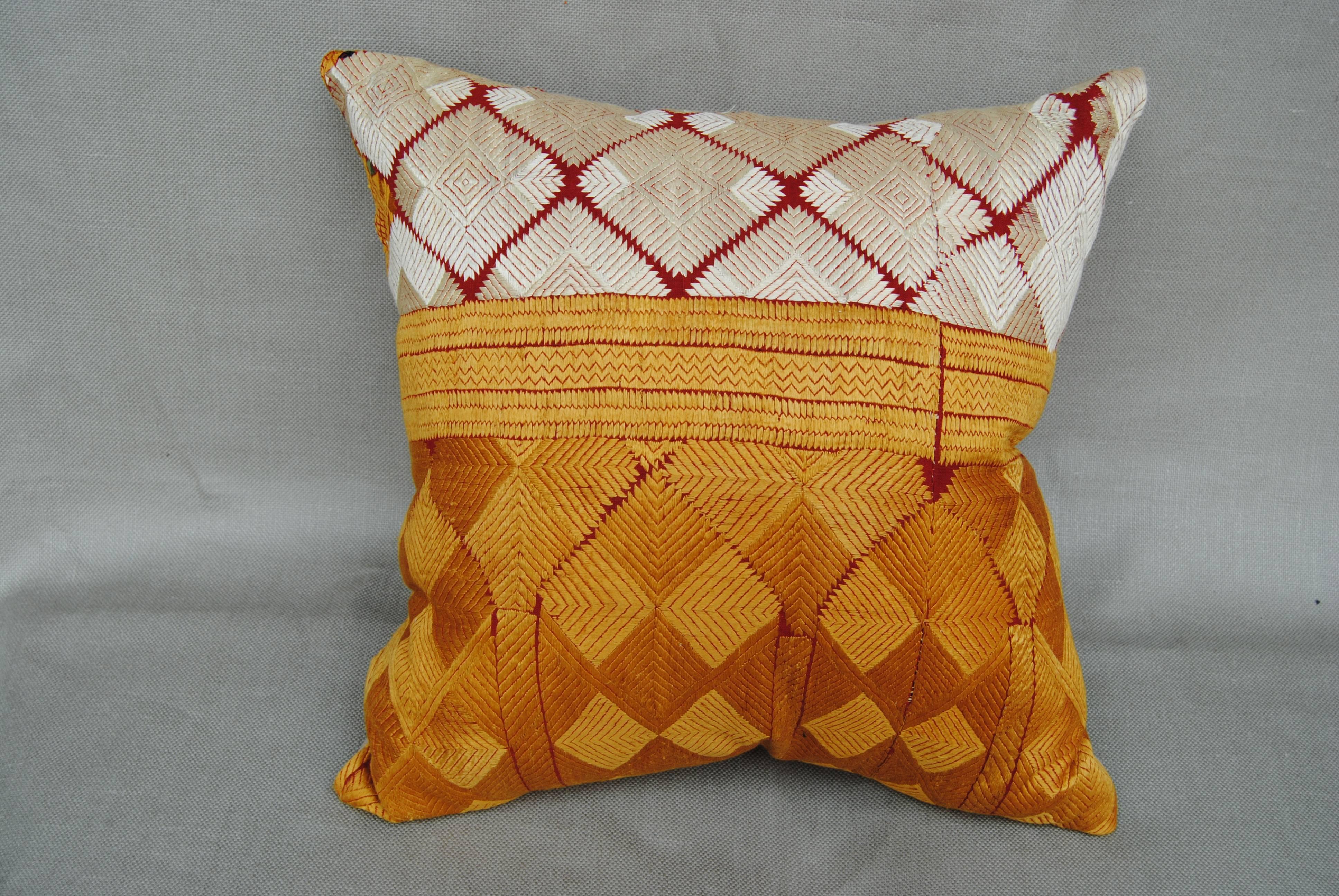 Silk Embroidered Vintage Phulkari Bagh Pillow, Punjab, India For Sale 1